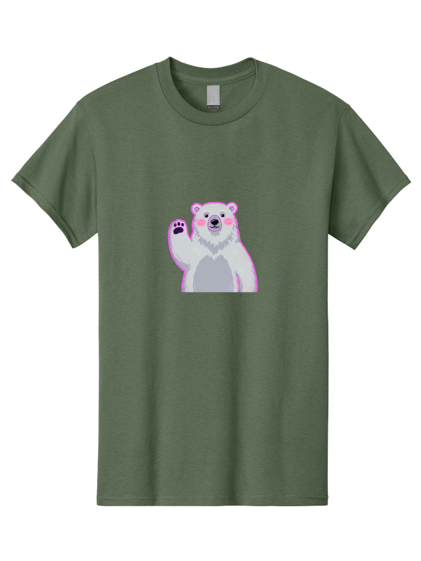 Polar-Bear-Waving Men'S Graphic Tee, 100% Cotton, Comfortable Casual Summer Wear, Machine Washable, Cartoon Polar Bear, Waving Hand, Cute Animal, Kawaii Illustration, Pink Cheeks, White Fur, Friendly Gesture, Adorable Character Bae669