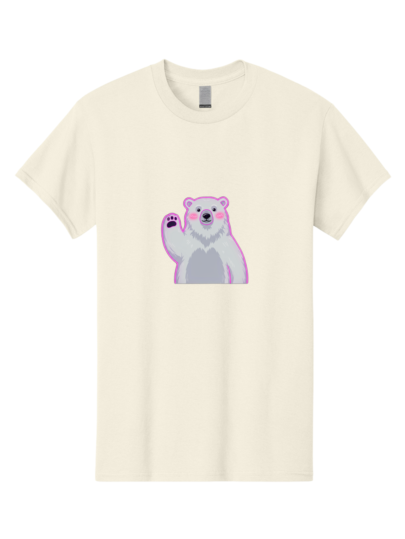 Polar-Bear-Waving Men'S Graphic Tee, 100% Cotton, Comfortable Casual Summer Wear, Machine Washable, Cartoon Polar Bear, Waving Hand, Cute Animal, Kawaii Illustration, Pink Cheeks, White Fur, Friendly Gesture, Adorable Character Bae669