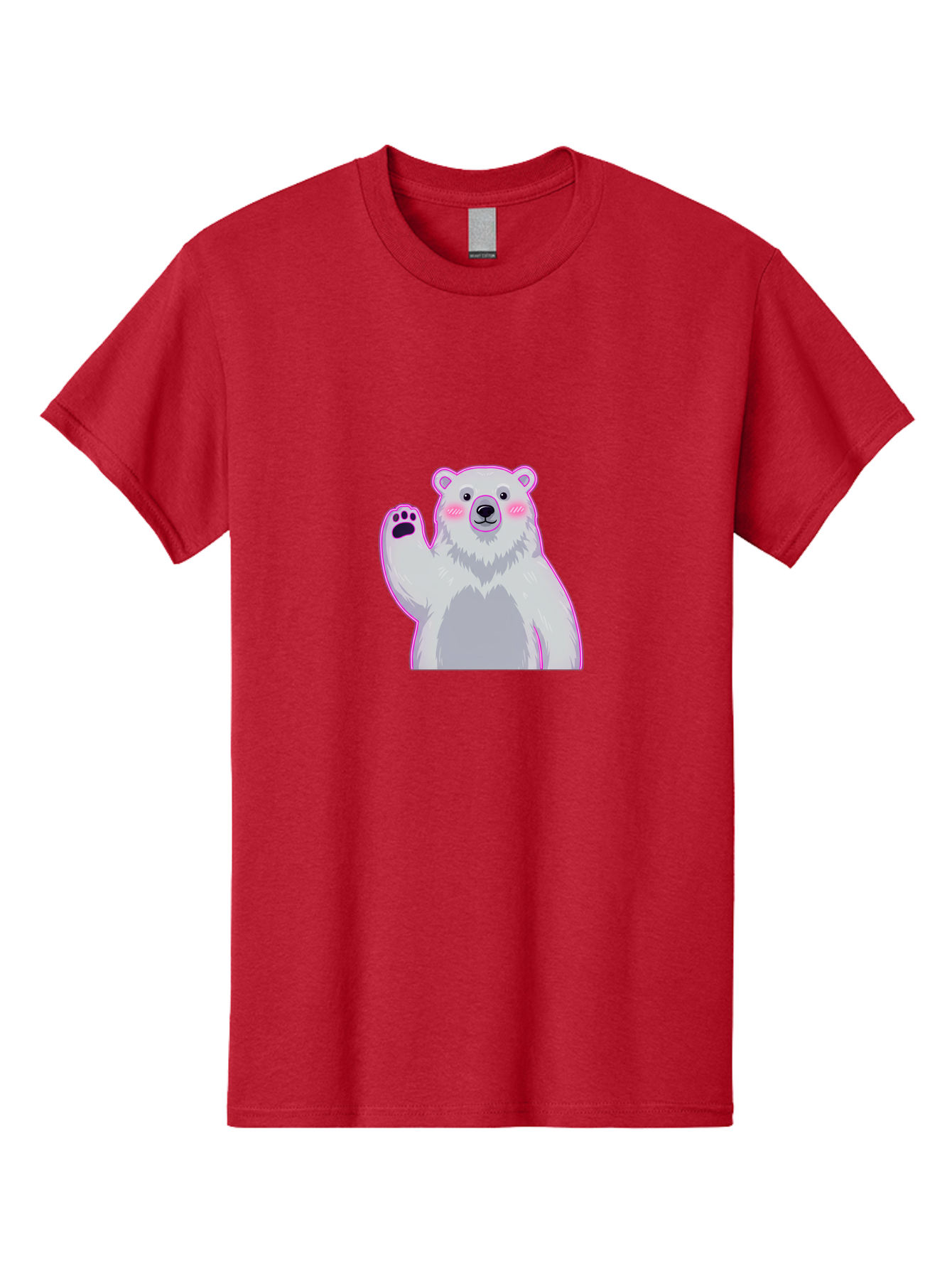 Polar-Bear-Waving Men'S Graphic Tee, 100% Cotton, Comfortable Casual Summer Wear, Machine Washable, Cartoon Polar Bear, Waving Hand, Cute Animal, Kawaii Illustration, Pink Cheeks, White Fur, Friendly Gesture, Adorable Character Bae669