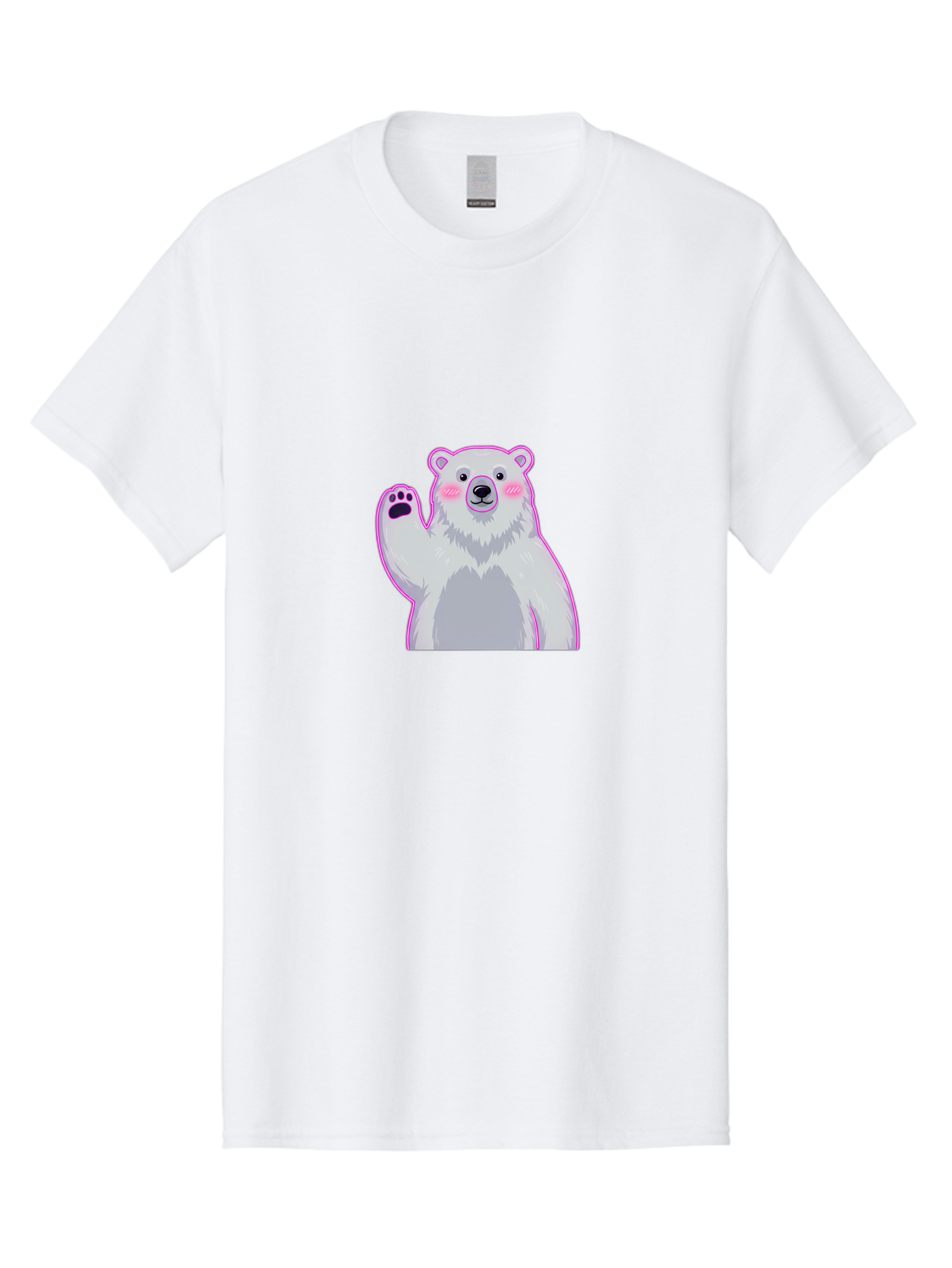 Polar-Bear-Waving Men'S Graphic Tee, 100% Cotton, Comfortable Casual Summer Wear, Machine Washable, Cartoon Polar Bear, Waving Hand, Cute Animal, Kawaii Illustration, Pink Cheeks, White Fur, Friendly Gesture, Adorable Character Bae669