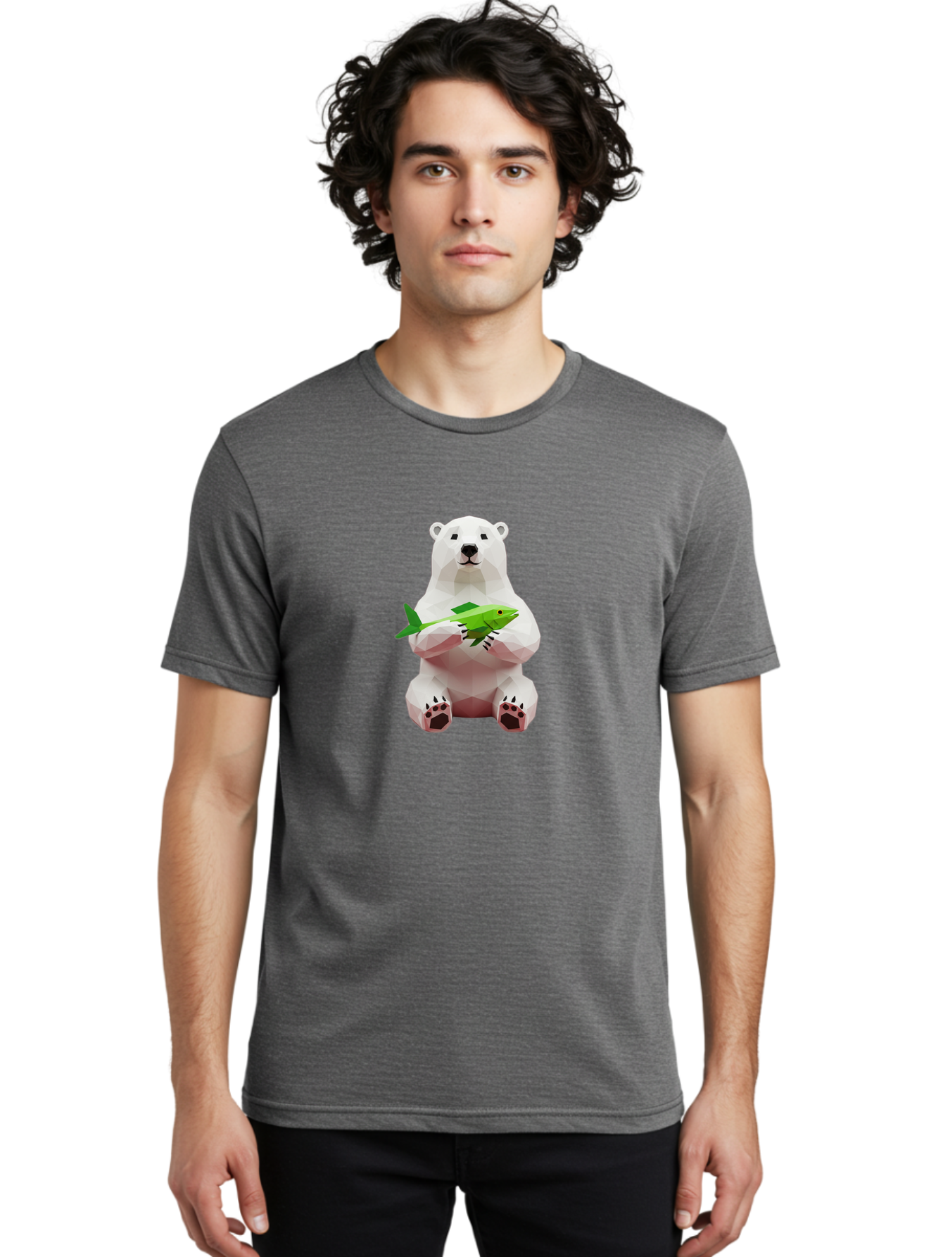 Polar-Bear-With-Fish-1 Men'S Graphic Tee, 100% Cotton, Comfortable Casual Summer Wear, Machine Washable, Low-Poly Polar Bear, 3D Illustration, Holding Fish, Arctic Wildlife, Geometric Art, Polar Bear Illustration, Wildlife Artwork, Bae670