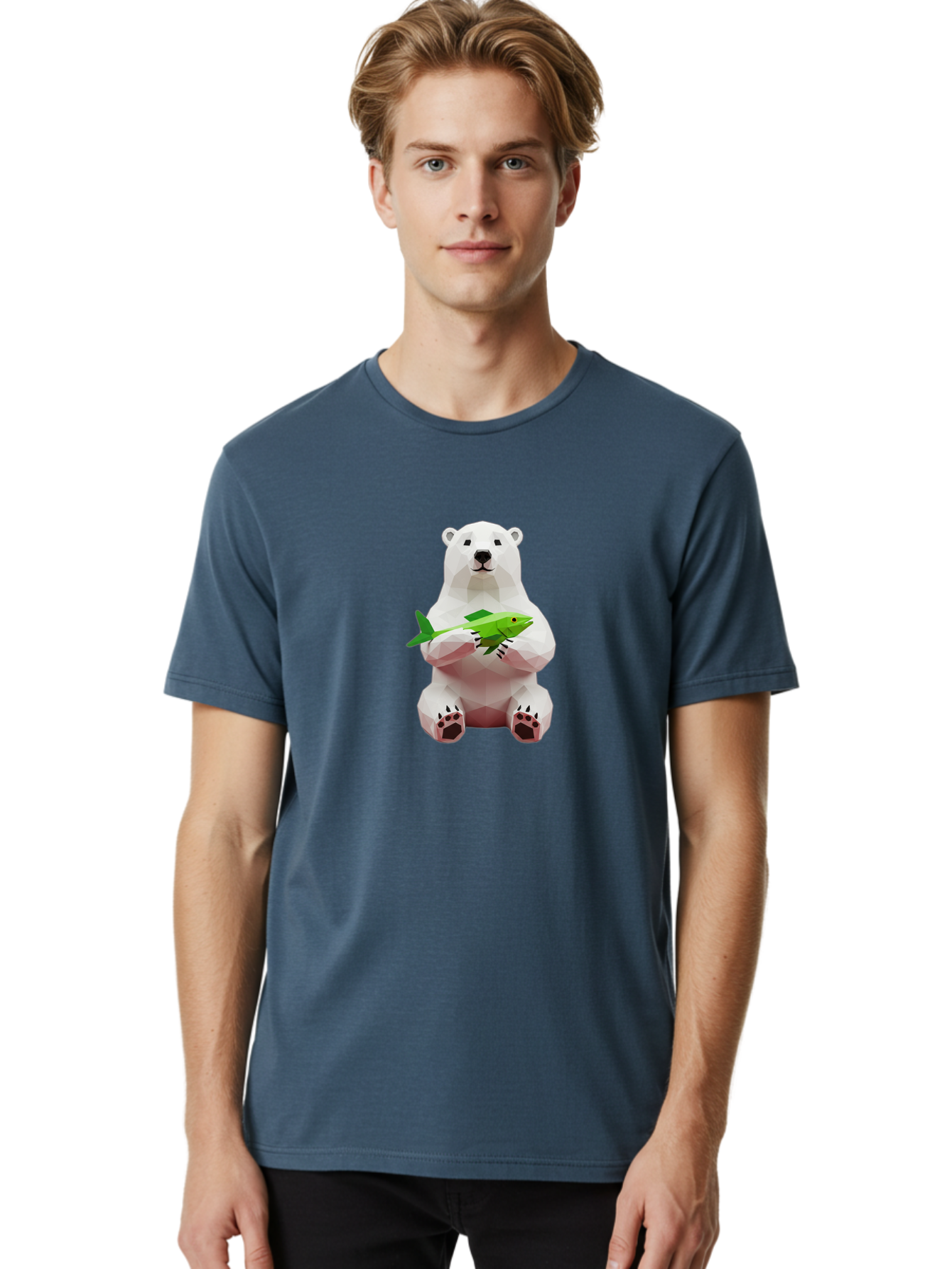 Polar-Bear-With-Fish-1 Men'S Graphic Tee, 100% Cotton, Comfortable Casual Summer Wear, Machine Washable, Low-Poly Polar Bear, 3D Illustration, Holding Fish, Arctic Wildlife, Geometric Art, Polar Bear Illustration, Wildlife Artwork, Bae670