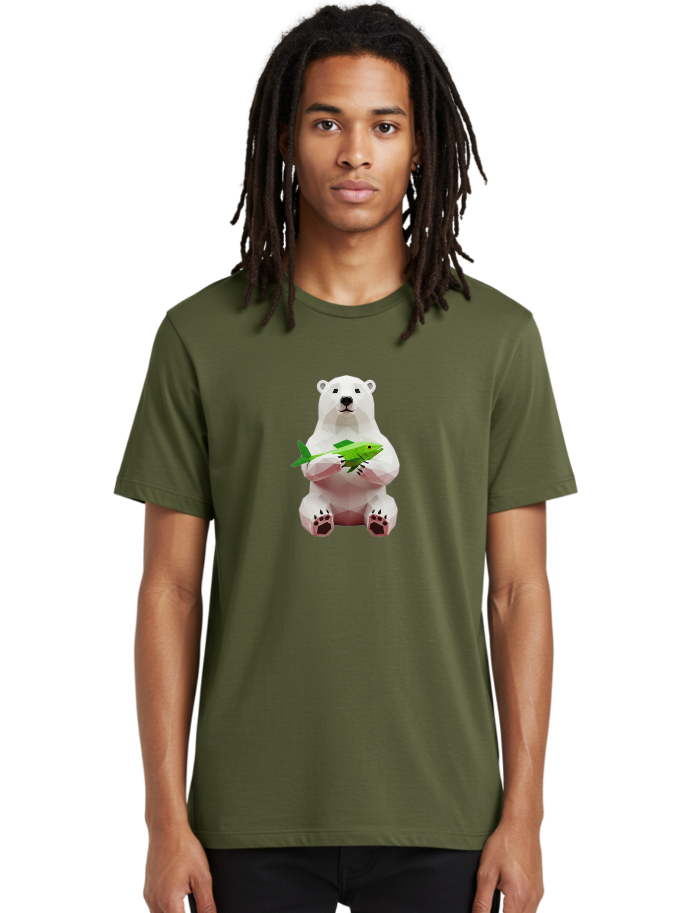 Polar-Bear-With-Fish-1 Men'S Graphic Tee, 100% Cotton, Comfortable Casual Summer Wear, Machine Washable, Low-Poly Polar Bear, 3D Illustration, Holding Fish, Arctic Wildlife, Geometric Art, Polar Bear Illustration, Wildlife Artwork, Bae670