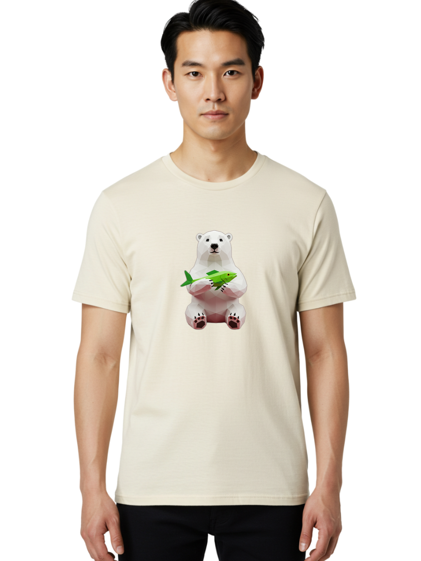 Polar-Bear-With-Fish-1 Men'S Graphic Tee, 100% Cotton, Comfortable Casual Summer Wear, Machine Washable, Low-Poly Polar Bear, 3D Illustration, Holding Fish, Arctic Wildlife, Geometric Art, Polar Bear Illustration, Wildlife Artwork, Bae670