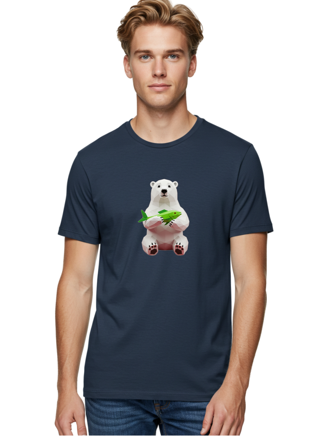 Polar-Bear-With-Fish-1 Men'S Graphic Tee, 100% Cotton, Comfortable Casual Summer Wear, Machine Washable, Low-Poly Polar Bear, 3D Illustration, Holding Fish, Arctic Wildlife, Geometric Art, Polar Bear Illustration, Wildlife Artwork, Bae670