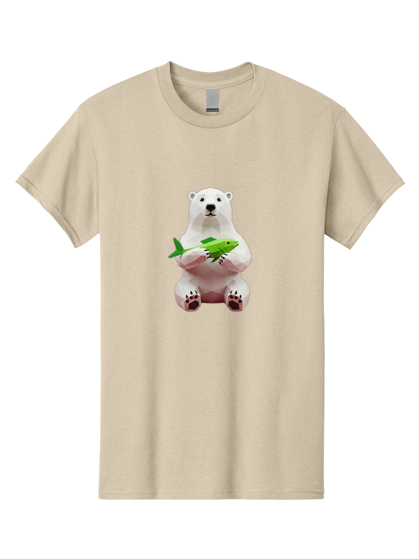 Polar-Bear-With-Fish-1 Men'S Graphic Tee, 100% Cotton, Comfortable Casual Summer Wear, Machine Washable, Low-Poly Polar Bear, 3D Illustration, Holding Fish, Arctic Wildlife, Geometric Art, Polar Bear Illustration, Wildlife Artwork, Bae670