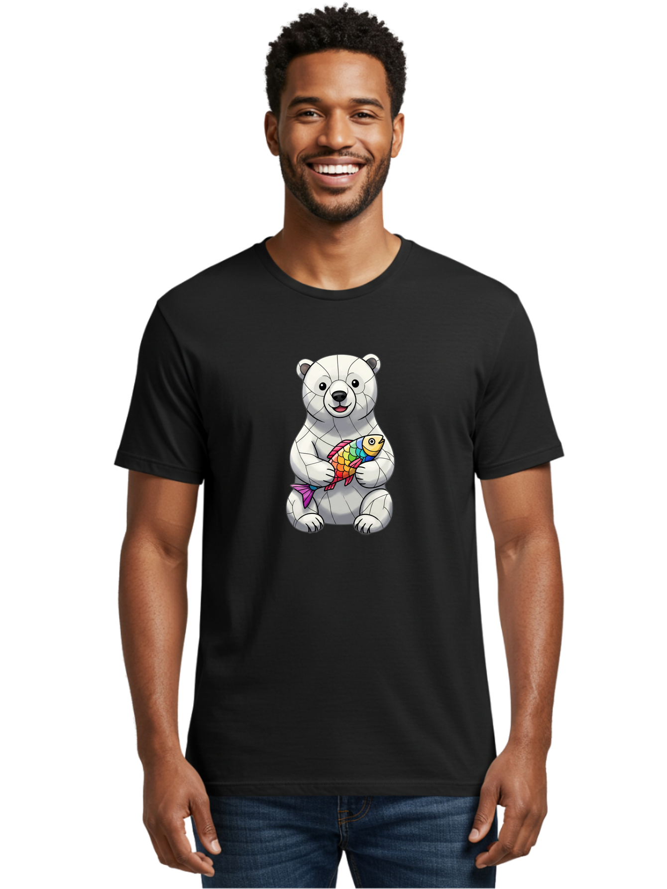 Polar-Bear-With-Fish-2 Men'S Graphic Tee, 100% Cotton, Comfortable Casual Summer Wear, Machine Washable, Polar Bear Holding Koi Fish, Cartoon Polar Bear, Rainbow Fish, White Bear, Colorful Art, Digital Illustration, Cute Bear, Playful Design, Bae671