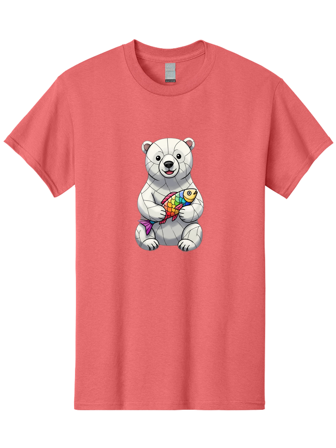 Polar-Bear-With-Fish-2 Men'S Graphic Tee, 100% Cotton, Comfortable Casual Summer Wear, Machine Washable, Polar Bear Holding Koi Fish, Cartoon Polar Bear, Rainbow Fish, White Bear, Colorful Art, Digital Illustration, Cute Bear, Playful Design, Bae671