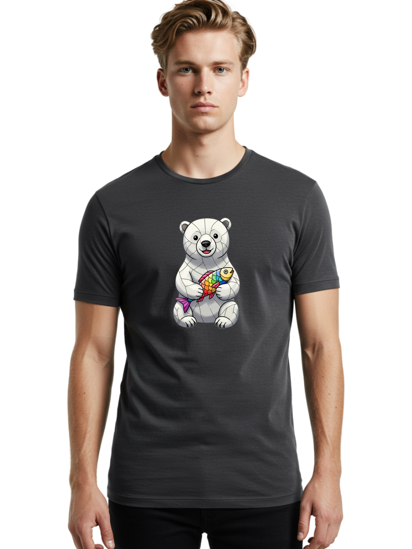 Polar-Bear-With-Fish-2 Men'S Graphic Tee, 100% Cotton, Comfortable Casual Summer Wear, Machine Washable, Polar Bear Holding Koi Fish, Cartoon Polar Bear, Rainbow Fish, White Bear, Colorful Art, Digital Illustration, Cute Bear, Playful Design, Bae671