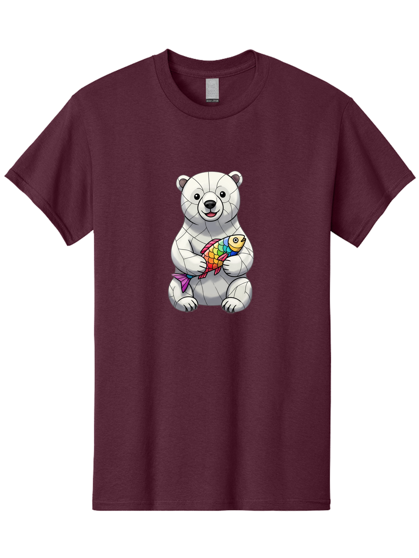 Polar-Bear-With-Fish-2 Men'S Graphic Tee, 100% Cotton, Comfortable Casual Summer Wear, Machine Washable, Polar Bear Holding Koi Fish, Cartoon Polar Bear, Rainbow Fish, White Bear, Colorful Art, Digital Illustration, Cute Bear, Playful Design, Bae671
