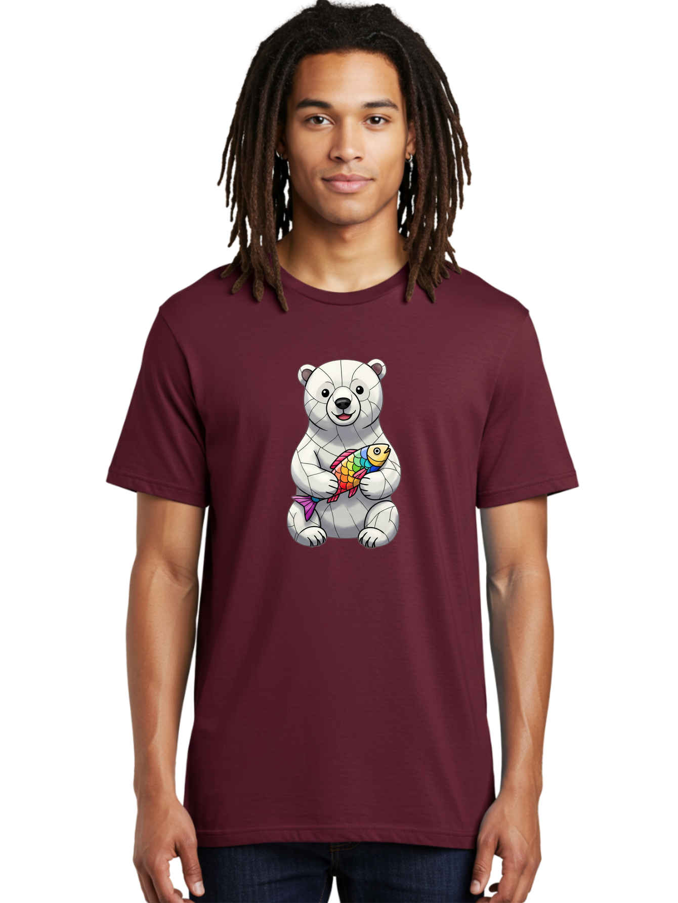 Polar-Bear-With-Fish-2 Men'S Graphic Tee, 100% Cotton, Comfortable Casual Summer Wear, Machine Washable, Polar Bear Holding Koi Fish, Cartoon Polar Bear, Rainbow Fish, White Bear, Colorful Art, Digital Illustration, Cute Bear, Playful Design, Bae671