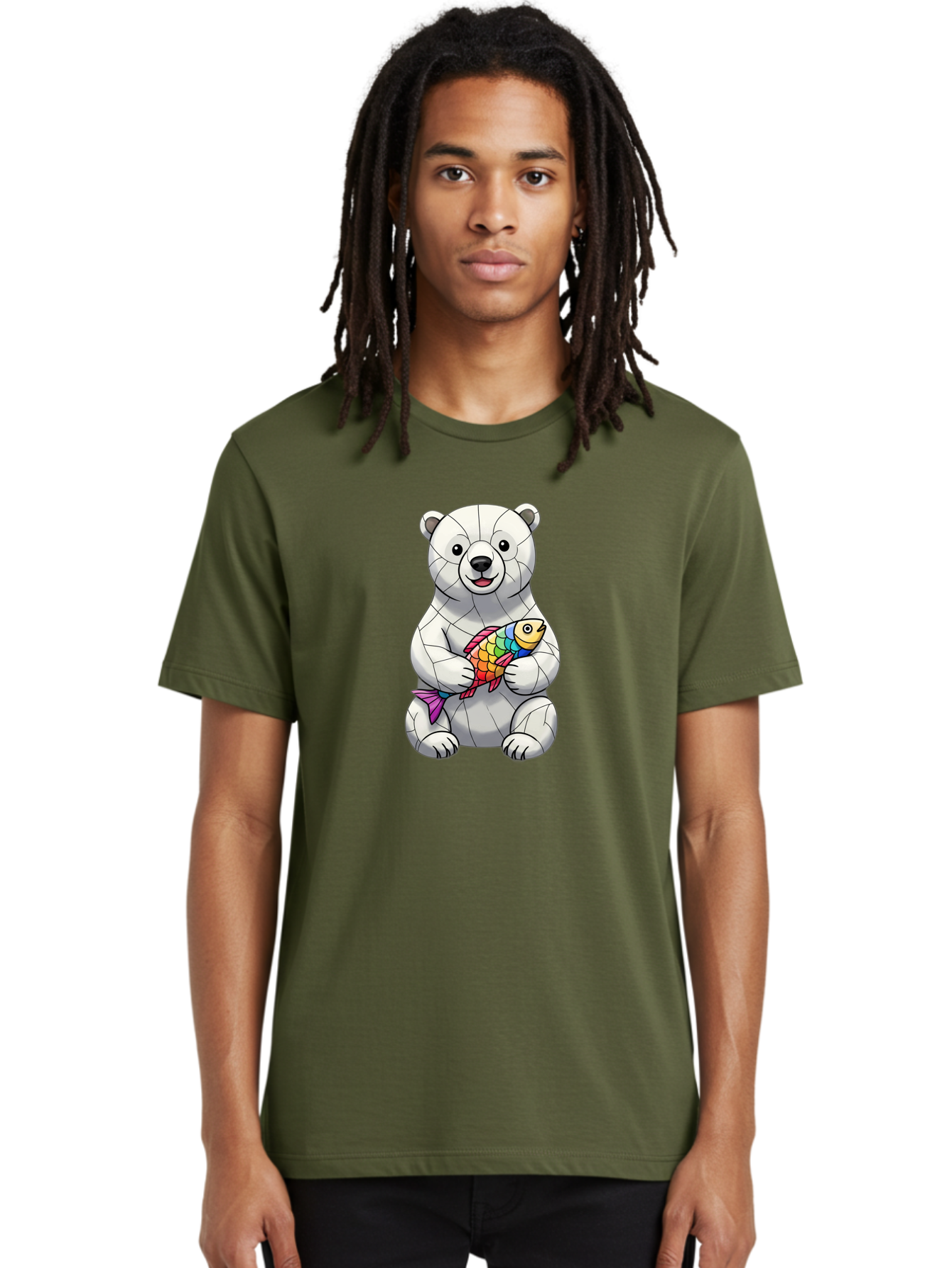 Polar-Bear-With-Fish-2 Men'S Graphic Tee, 100% Cotton, Comfortable Casual Summer Wear, Machine Washable, Polar Bear Holding Koi Fish, Cartoon Polar Bear, Rainbow Fish, White Bear, Colorful Art, Digital Illustration, Cute Bear, Playful Design, Bae671