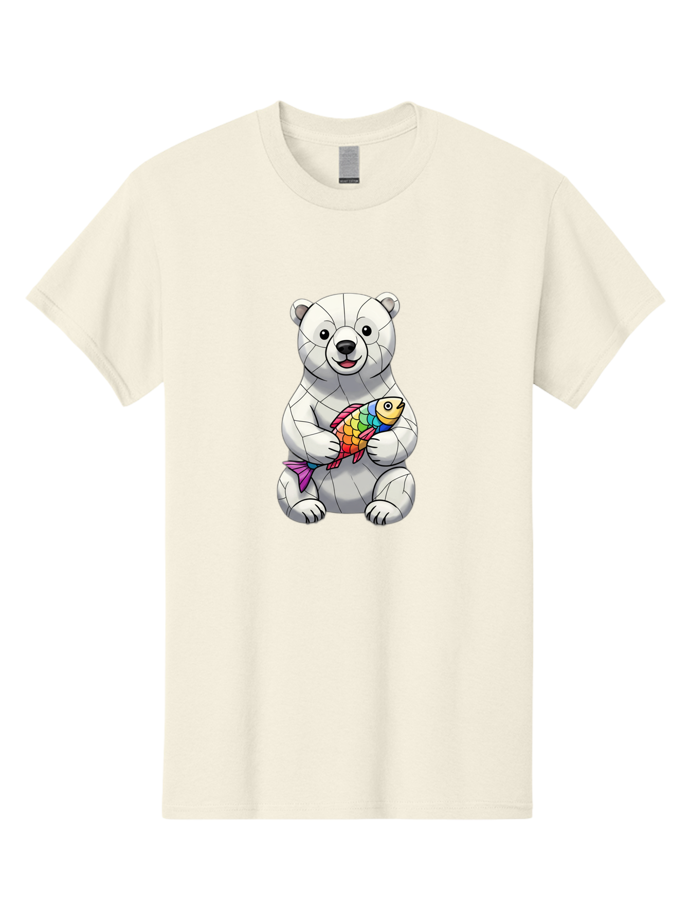 Polar-Bear-With-Fish-2 Men'S Graphic Tee, 100% Cotton, Comfortable Casual Summer Wear, Machine Washable, Polar Bear Holding Koi Fish, Cartoon Polar Bear, Rainbow Fish, White Bear, Colorful Art, Digital Illustration, Cute Bear, Playful Design, Bae671
