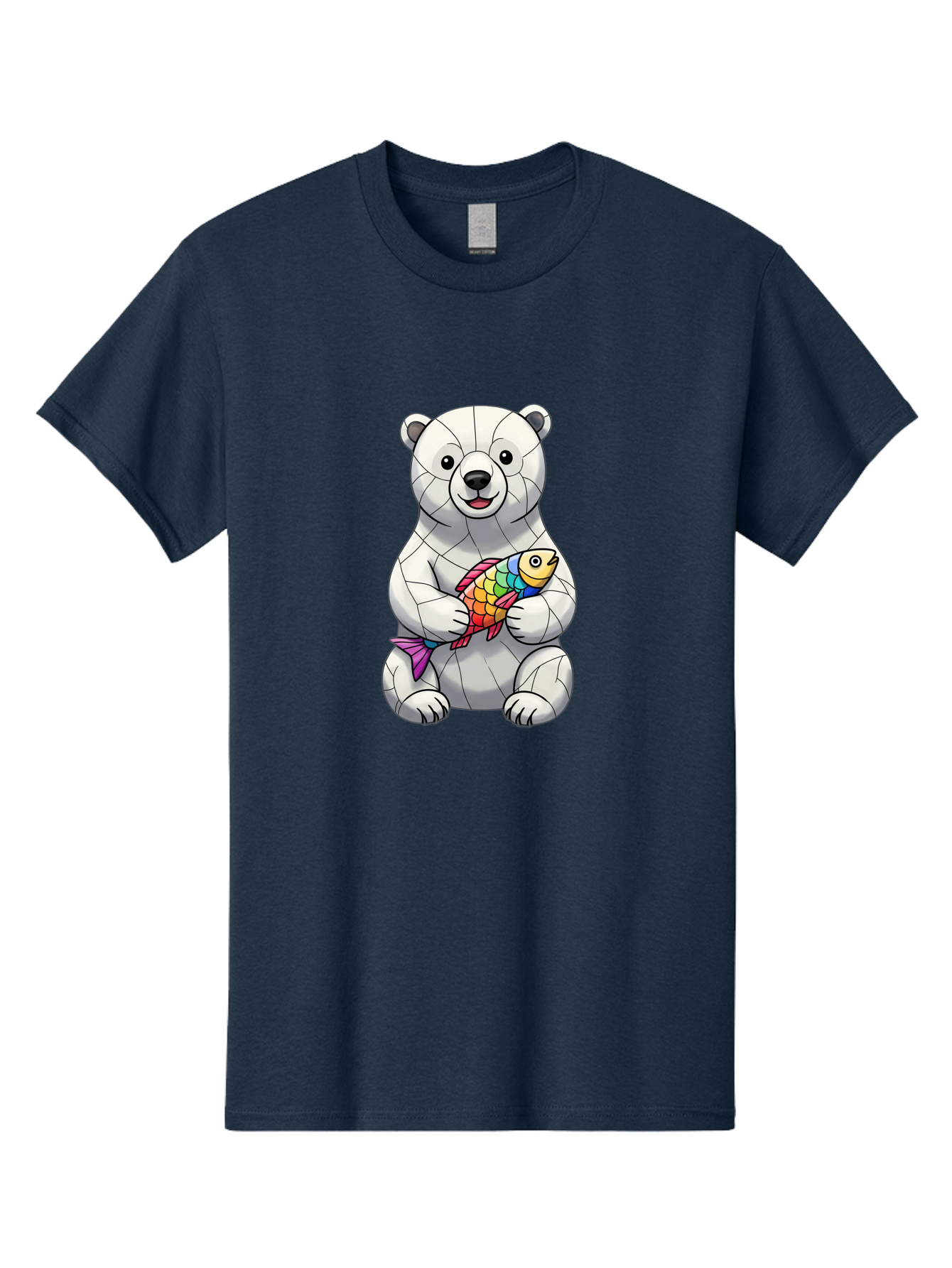 Polar-Bear-With-Fish-2 Men'S Graphic Tee, 100% Cotton, Comfortable Casual Summer Wear, Machine Washable, Polar Bear Holding Koi Fish, Cartoon Polar Bear, Rainbow Fish, White Bear, Colorful Art, Digital Illustration, Cute Bear, Playful Design, Bae671