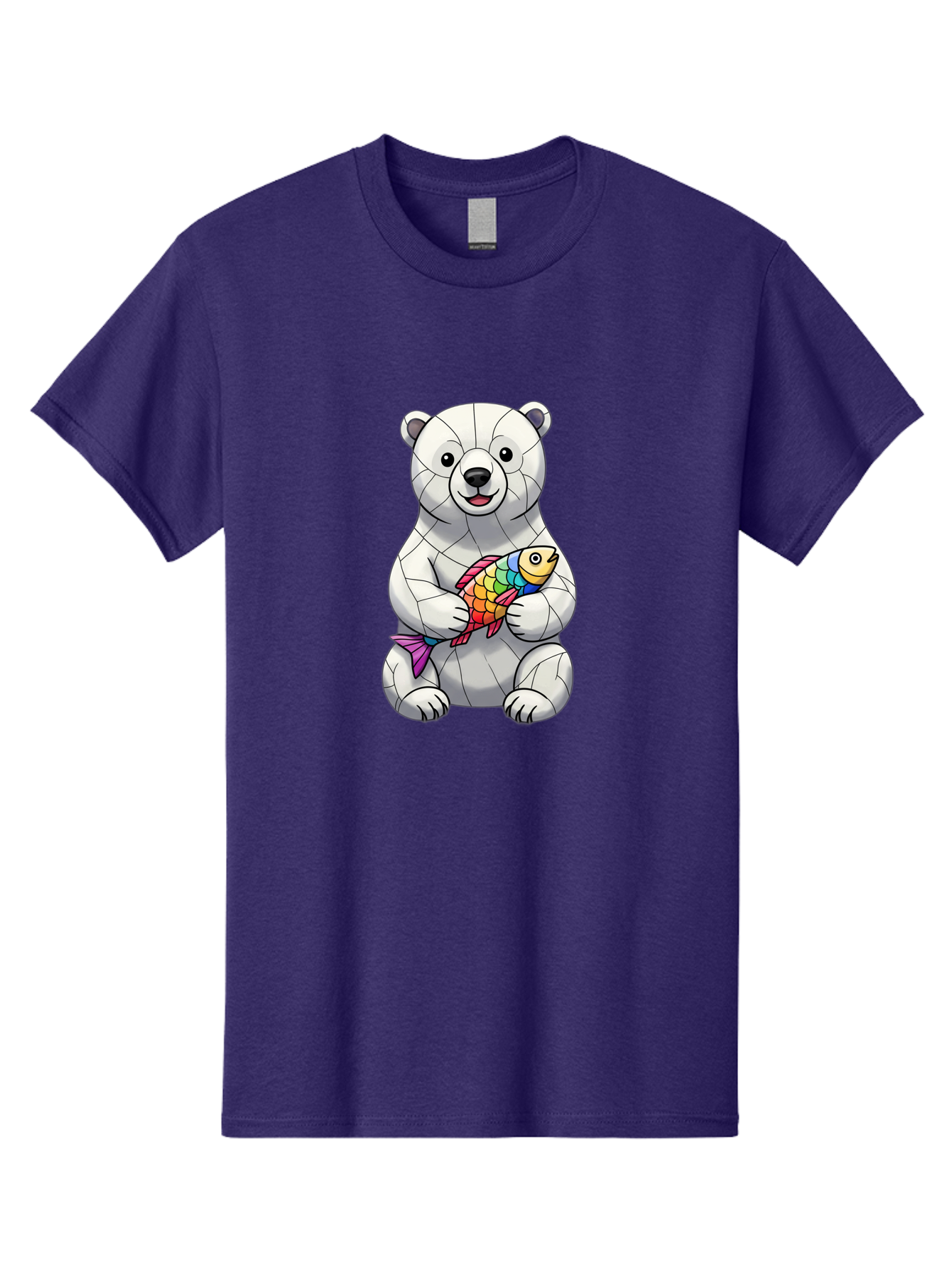 Polar-Bear-With-Fish-2 Men'S Graphic Tee, 100% Cotton, Comfortable Casual Summer Wear, Machine Washable, Polar Bear Holding Koi Fish, Cartoon Polar Bear, Rainbow Fish, White Bear, Colorful Art, Digital Illustration, Cute Bear, Playful Design, Bae671