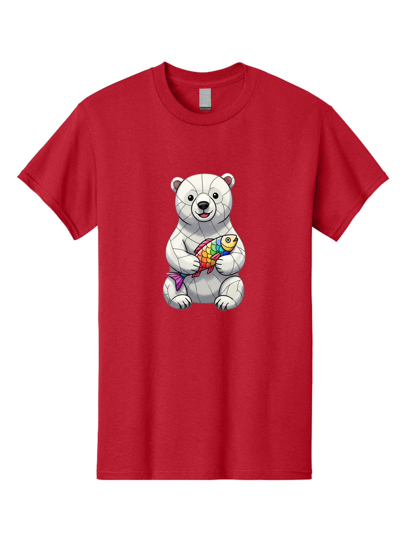Polar-Bear-With-Fish-2 Men'S Graphic Tee, 100% Cotton, Comfortable Casual Summer Wear, Machine Washable, Polar Bear Holding Koi Fish, Cartoon Polar Bear, Rainbow Fish, White Bear, Colorful Art, Digital Illustration, Cute Bear, Playful Design, Bae671