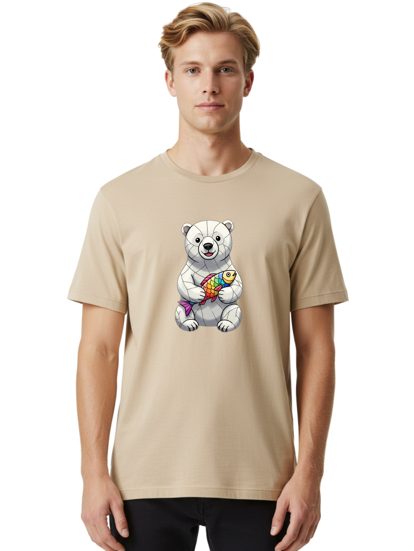 Polar-Bear-With-Fish-2 Men'S Graphic Tee, 100% Cotton, Comfortable Casual Summer Wear, Machine Washable, Polar Bear Holding Koi Fish, Cartoon Polar Bear, Rainbow Fish, White Bear, Colorful Art, Digital Illustration, Cute Bear, Playful Design, Bae671