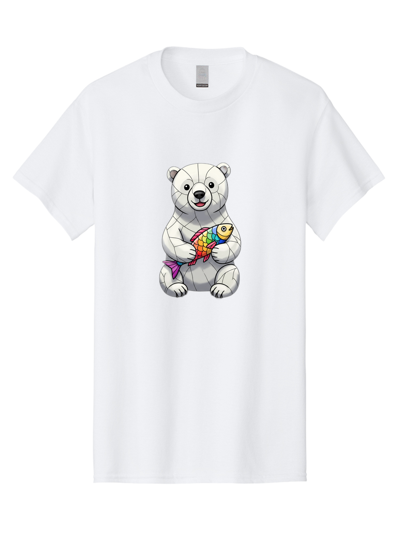 Polar-Bear-With-Fish-2 Men'S Graphic Tee, 100% Cotton, Comfortable Casual Summer Wear, Machine Washable, Polar Bear Holding Koi Fish, Cartoon Polar Bear, Rainbow Fish, White Bear, Colorful Art, Digital Illustration, Cute Bear, Playful Design, Bae671