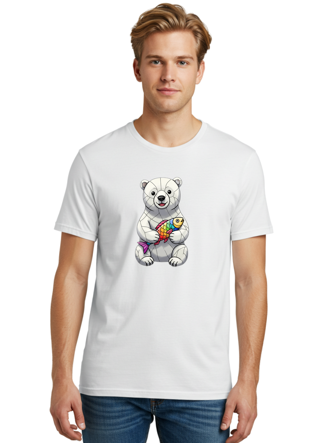 Polar-Bear-With-Fish-2 Men'S Graphic Tee, 100% Cotton, Comfortable Casual Summer Wear, Machine Washable, Polar Bear Holding Koi Fish, Cartoon Polar Bear, Rainbow Fish, White Bear, Colorful Art, Digital Illustration, Cute Bear, Playful Design, Bae671