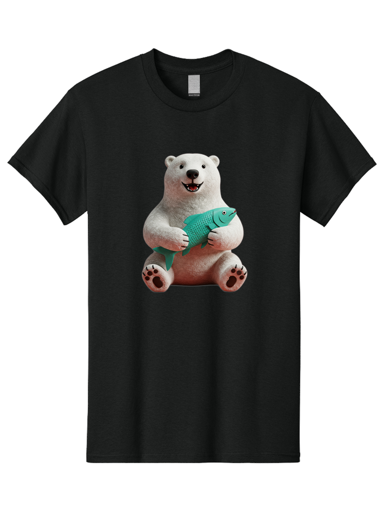 Polar-Bear-With-Fish-3 Men'S Graphic Tee, 100% Cotton, Comfortable Casual Summer Wear, Machine Washable, Polar Bear Holding Fish, White Fur, Cartoon Character, Smiling Bear, Turquoise Fish, Happy Expression, Cute Illustration, Wildlife Art Bae672