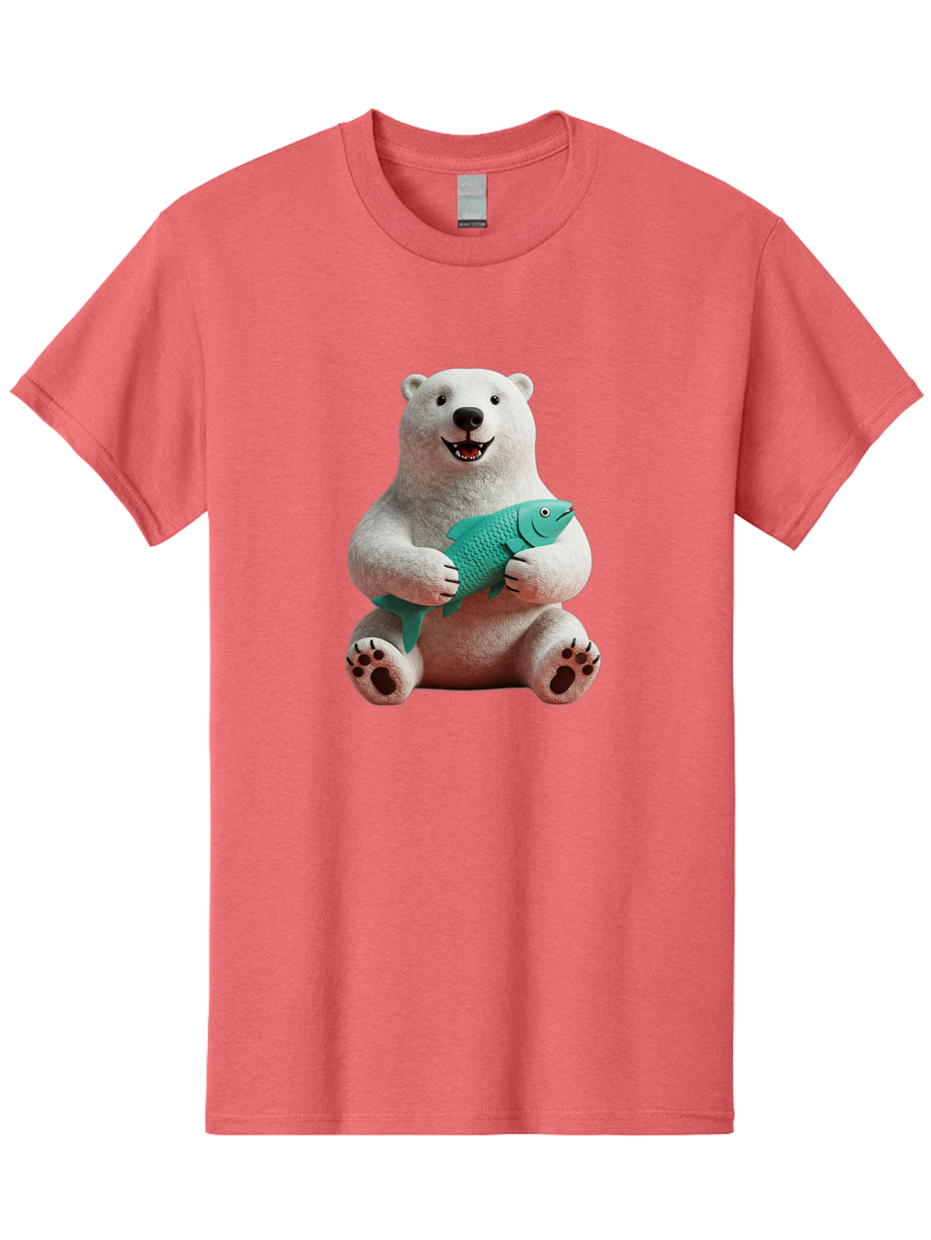 Polar-Bear-With-Fish-3 Men'S Graphic Tee, 100% Cotton, Comfortable Casual Summer Wear, Machine Washable, Polar Bear Holding Fish, White Fur, Cartoon Character, Smiling Bear, Turquoise Fish, Happy Expression, Cute Illustration, Wildlife Art Bae672