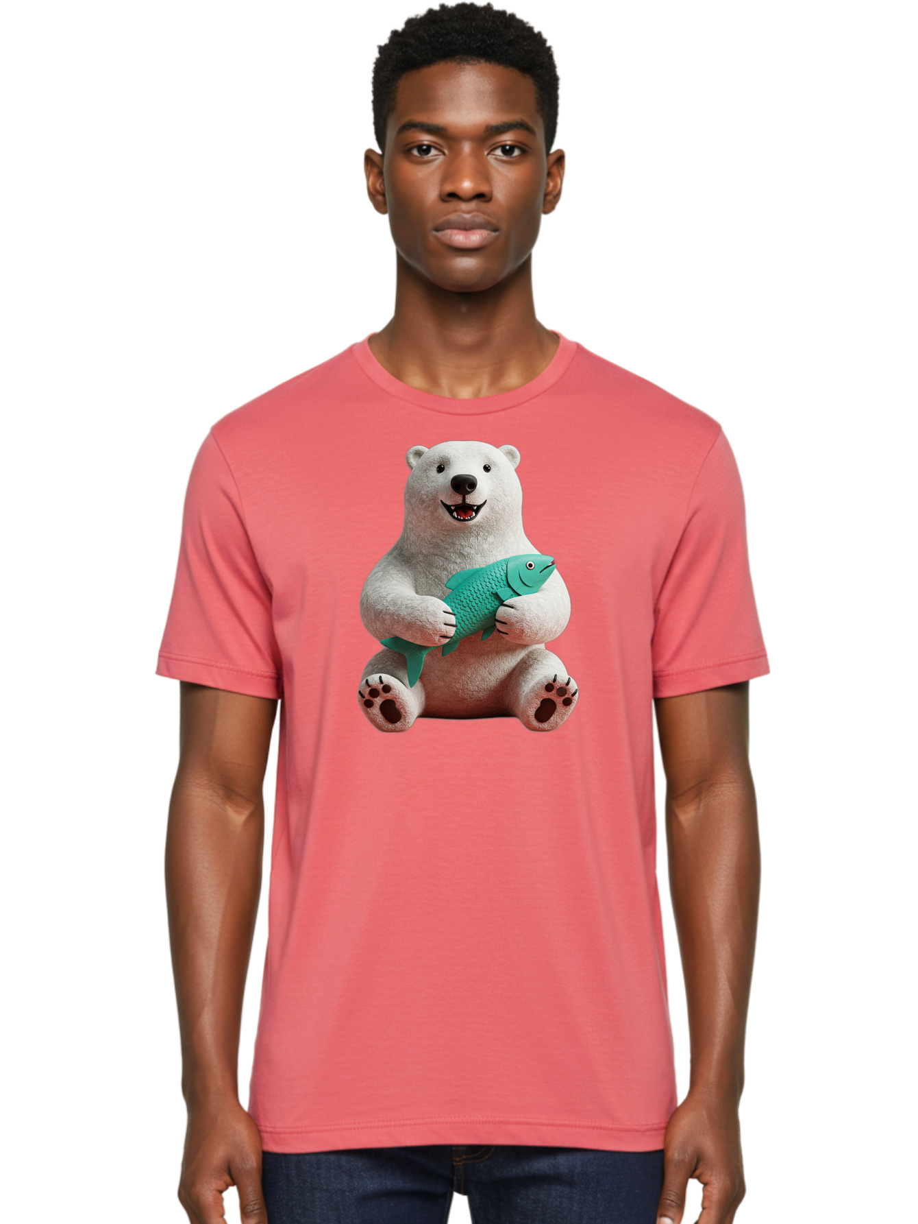 Polar-Bear-With-Fish-3 Men'S Graphic Tee, 100% Cotton, Comfortable Casual Summer Wear, Machine Washable, Polar Bear Holding Fish, White Fur, Cartoon Character, Smiling Bear, Turquoise Fish, Happy Expression, Cute Illustration, Wildlife Art Bae672