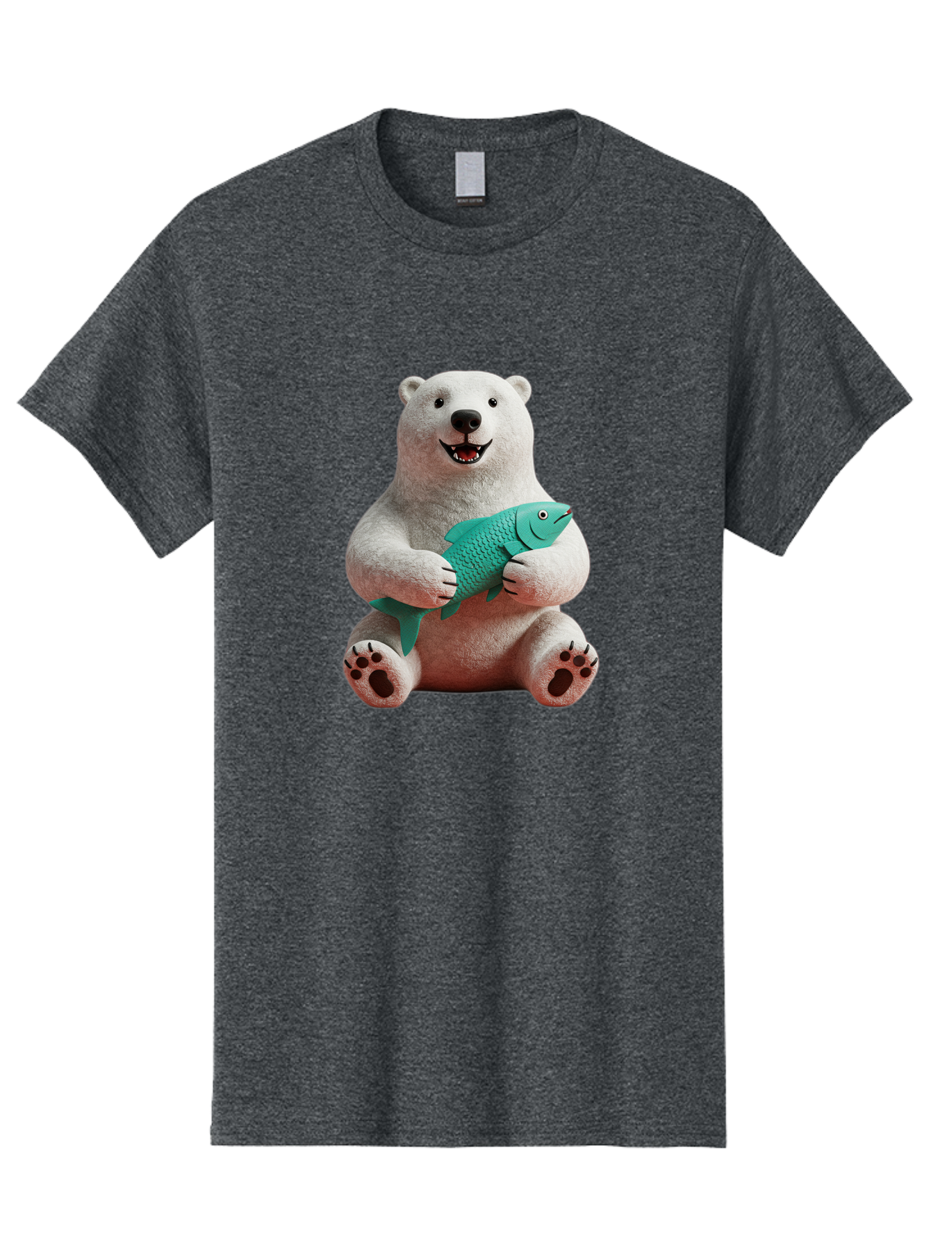 Polar-Bear-With-Fish-3 Men'S Graphic Tee, 100% Cotton, Comfortable Casual Summer Wear, Machine Washable, Polar Bear Holding Fish, White Fur, Cartoon Character, Smiling Bear, Turquoise Fish, Happy Expression, Cute Illustration, Wildlife Art Bae672