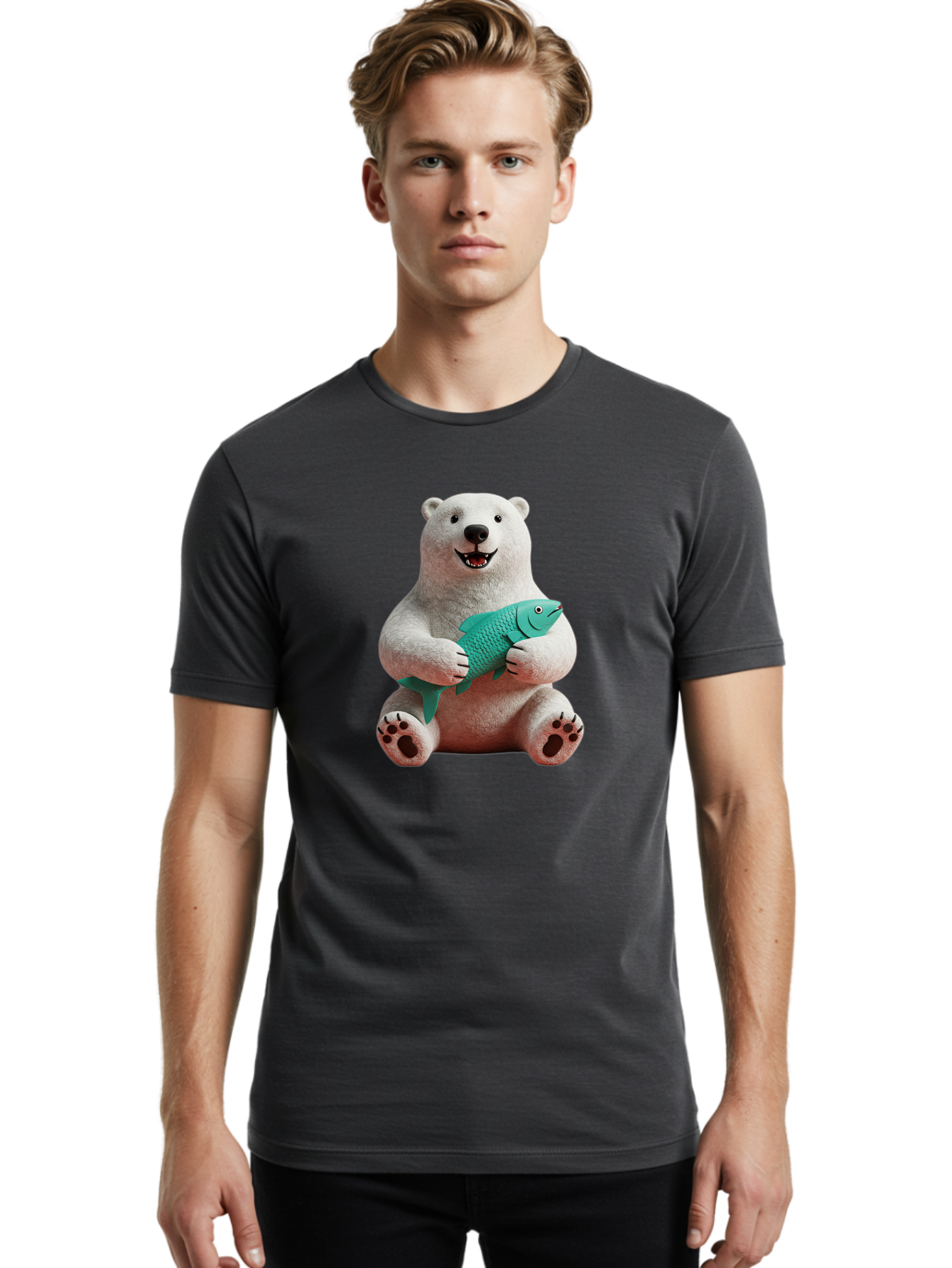 Polar-Bear-With-Fish-3 Men'S Graphic Tee, 100% Cotton, Comfortable Casual Summer Wear, Machine Washable, Polar Bear Holding Fish, White Fur, Cartoon Character, Smiling Bear, Turquoise Fish, Happy Expression, Cute Illustration, Wildlife Art Bae672
