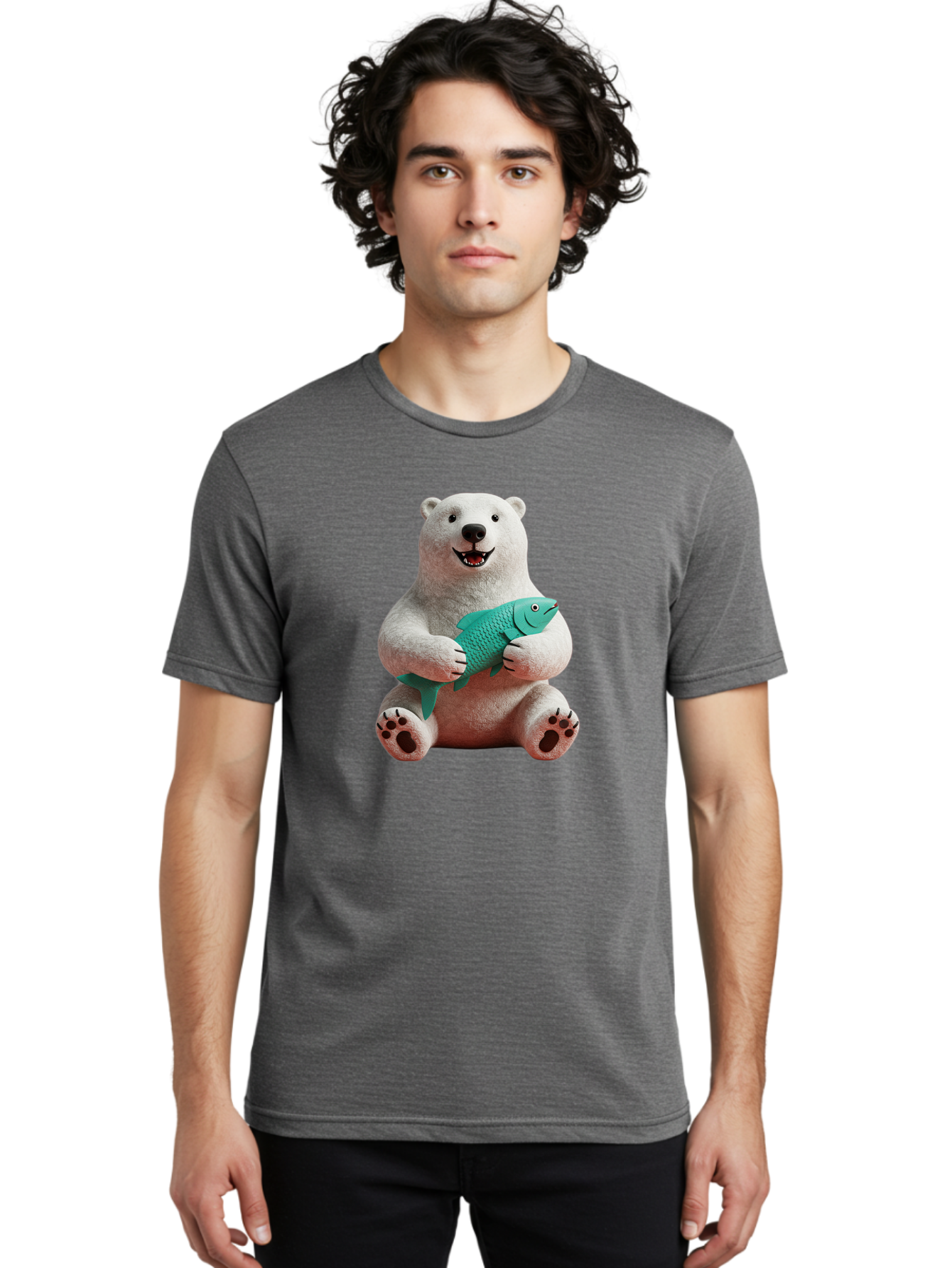 Polar-Bear-With-Fish-3 Men'S Graphic Tee, 100% Cotton, Comfortable Casual Summer Wear, Machine Washable, Polar Bear Holding Fish, White Fur, Cartoon Character, Smiling Bear, Turquoise Fish, Happy Expression, Cute Illustration, Wildlife Art Bae672