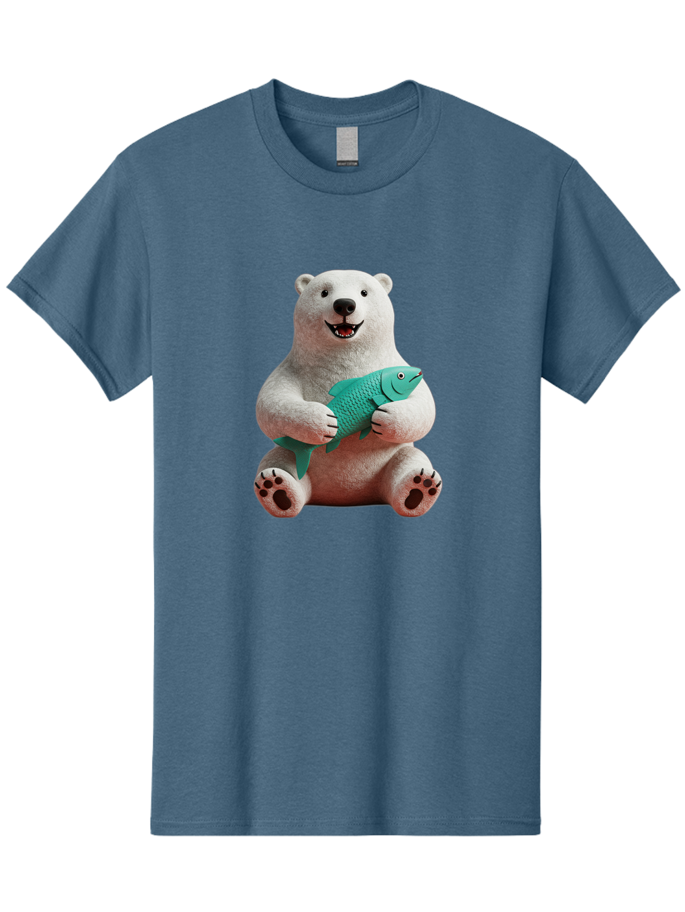 Polar-Bear-With-Fish-3 Men'S Graphic Tee, 100% Cotton, Comfortable Casual Summer Wear, Machine Washable, Polar Bear Holding Fish, White Fur, Cartoon Character, Smiling Bear, Turquoise Fish, Happy Expression, Cute Illustration, Wildlife Art Bae672