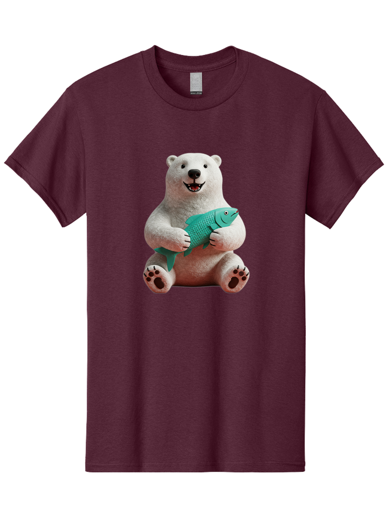 Polar-Bear-With-Fish-3 Men'S Graphic Tee, 100% Cotton, Comfortable Casual Summer Wear, Machine Washable, Polar Bear Holding Fish, White Fur, Cartoon Character, Smiling Bear, Turquoise Fish, Happy Expression, Cute Illustration, Wildlife Art Bae672