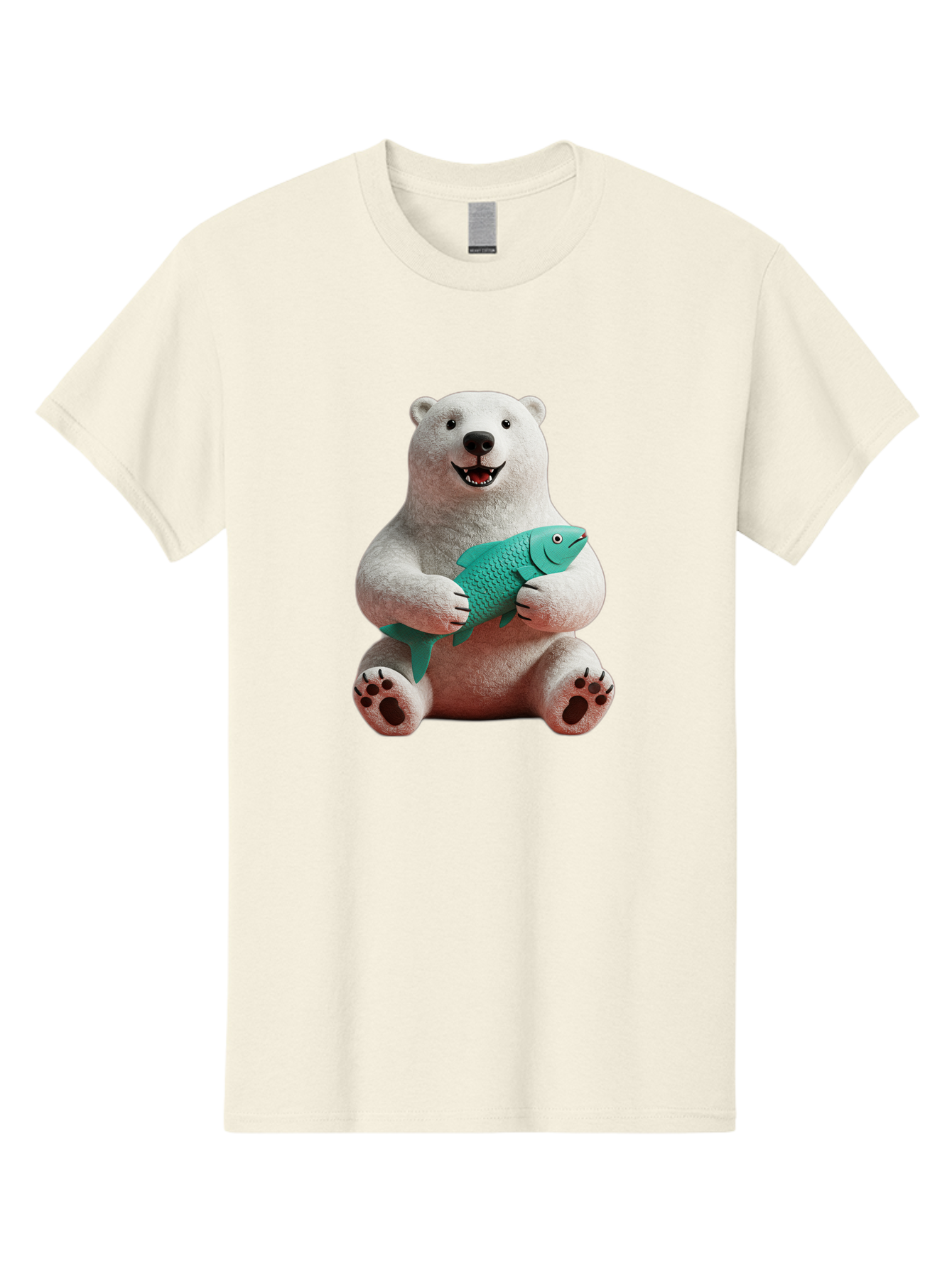 Polar-Bear-With-Fish-3 Men'S Graphic Tee, 100% Cotton, Comfortable Casual Summer Wear, Machine Washable, Polar Bear Holding Fish, White Fur, Cartoon Character, Smiling Bear, Turquoise Fish, Happy Expression, Cute Illustration, Wildlife Art Bae672