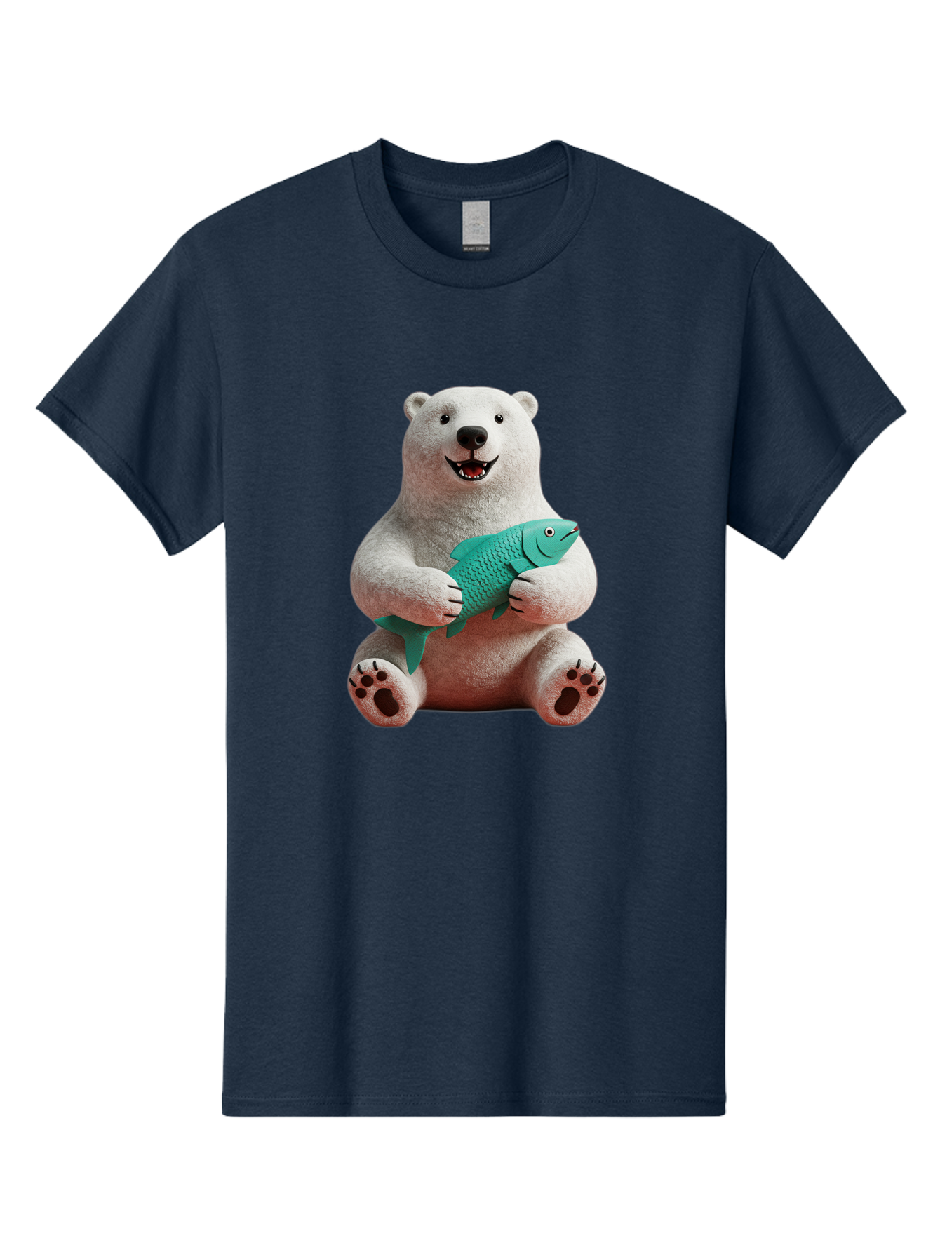 Polar-Bear-With-Fish-3 Men'S Graphic Tee, 100% Cotton, Comfortable Casual Summer Wear, Machine Washable, Polar Bear Holding Fish, White Fur, Cartoon Character, Smiling Bear, Turquoise Fish, Happy Expression, Cute Illustration, Wildlife Art Bae672