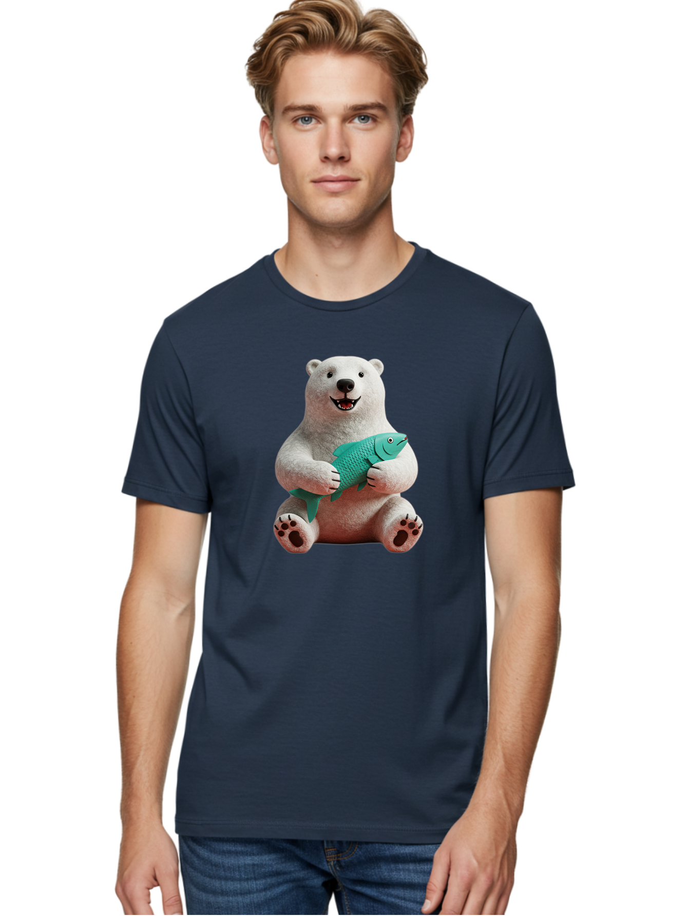 Polar-Bear-With-Fish-3 Men'S Graphic Tee, 100% Cotton, Comfortable Casual Summer Wear, Machine Washable, Polar Bear Holding Fish, White Fur, Cartoon Character, Smiling Bear, Turquoise Fish, Happy Expression, Cute Illustration, Wildlife Art Bae672