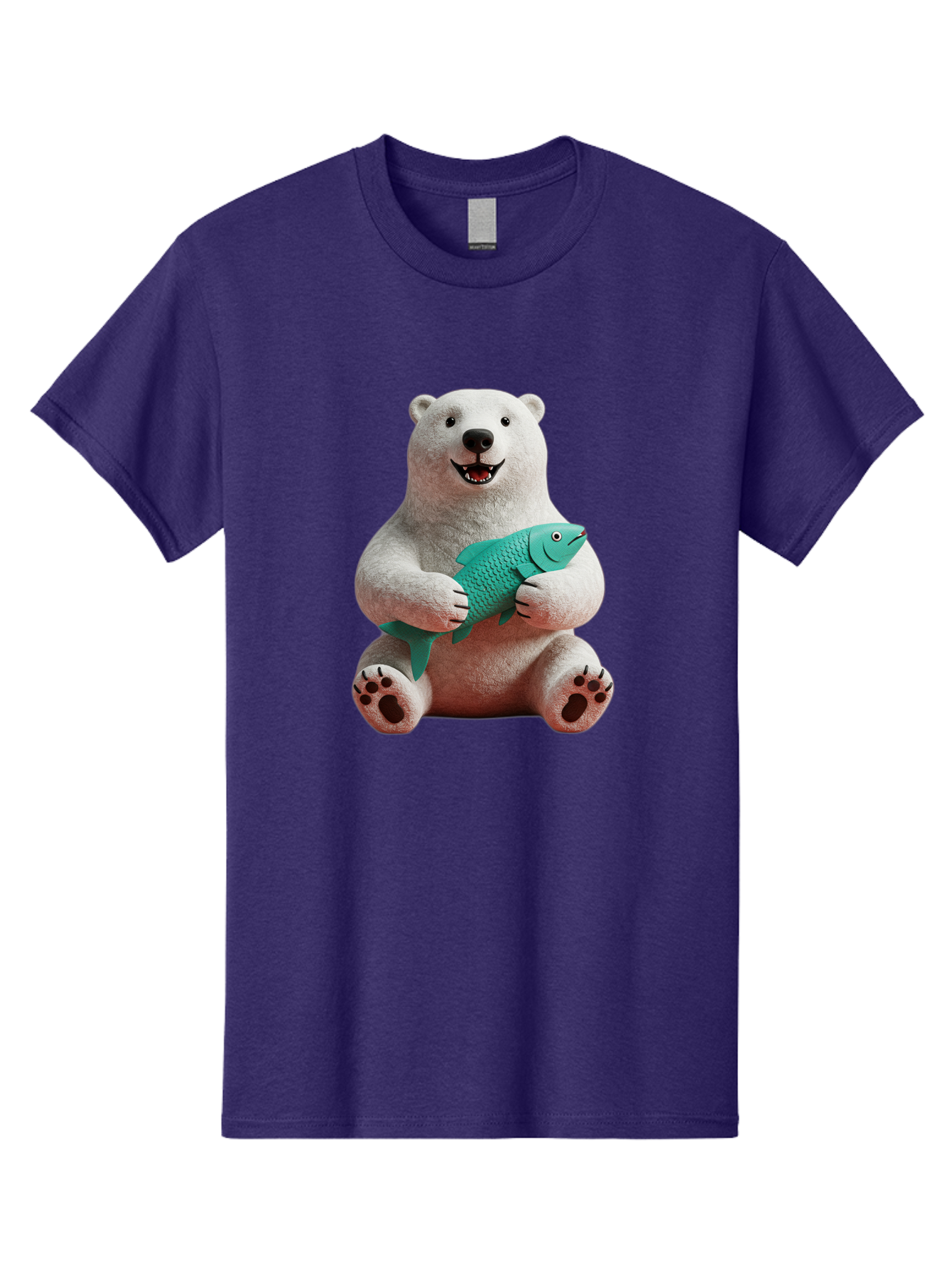 Polar-Bear-With-Fish-3 Men'S Graphic Tee, 100% Cotton, Comfortable Casual Summer Wear, Machine Washable, Polar Bear Holding Fish, White Fur, Cartoon Character, Smiling Bear, Turquoise Fish, Happy Expression, Cute Illustration, Wildlife Art Bae672
