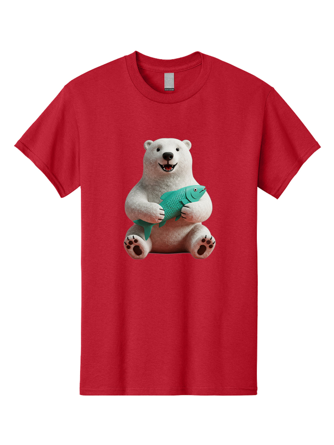 Polar-Bear-With-Fish-3 Men'S Graphic Tee, 100% Cotton, Comfortable Casual Summer Wear, Machine Washable, Polar Bear Holding Fish, White Fur, Cartoon Character, Smiling Bear, Turquoise Fish, Happy Expression, Cute Illustration, Wildlife Art Bae672