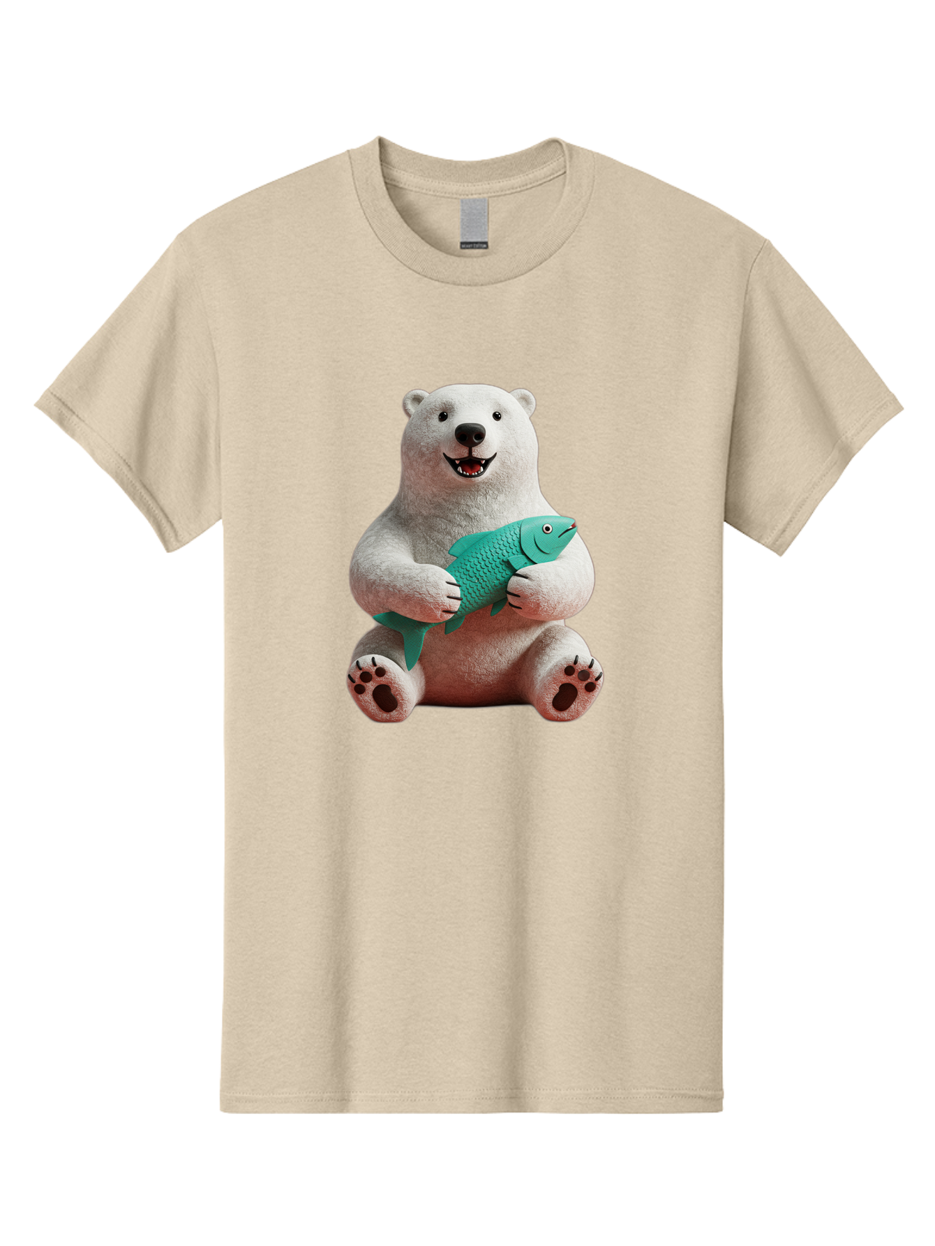 Polar-Bear-With-Fish-3 Men'S Graphic Tee, 100% Cotton, Comfortable Casual Summer Wear, Machine Washable, Polar Bear Holding Fish, White Fur, Cartoon Character, Smiling Bear, Turquoise Fish, Happy Expression, Cute Illustration, Wildlife Art Bae672