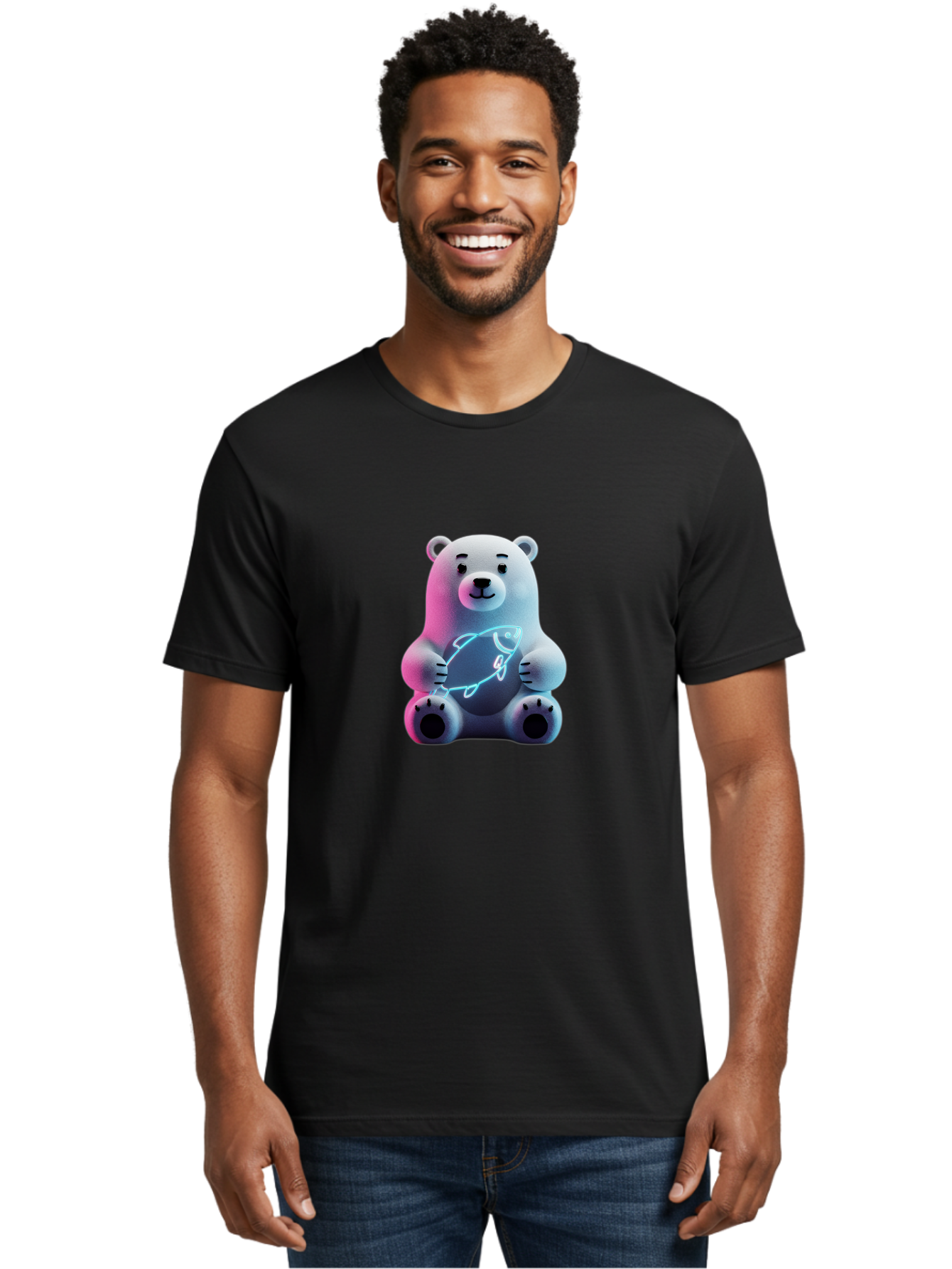 Polar-Bear-With-Fish-4 Men'S Graphic Tee, 100% Cotton, Comfortable Casual Summer Wear, Machine Washable, Polar Bear Holding Fish, Neon Light, Cartoon Character, Cute Animal, 3D Illustration, Glowing Effect, Cartoon Style, Digital Art Bae673