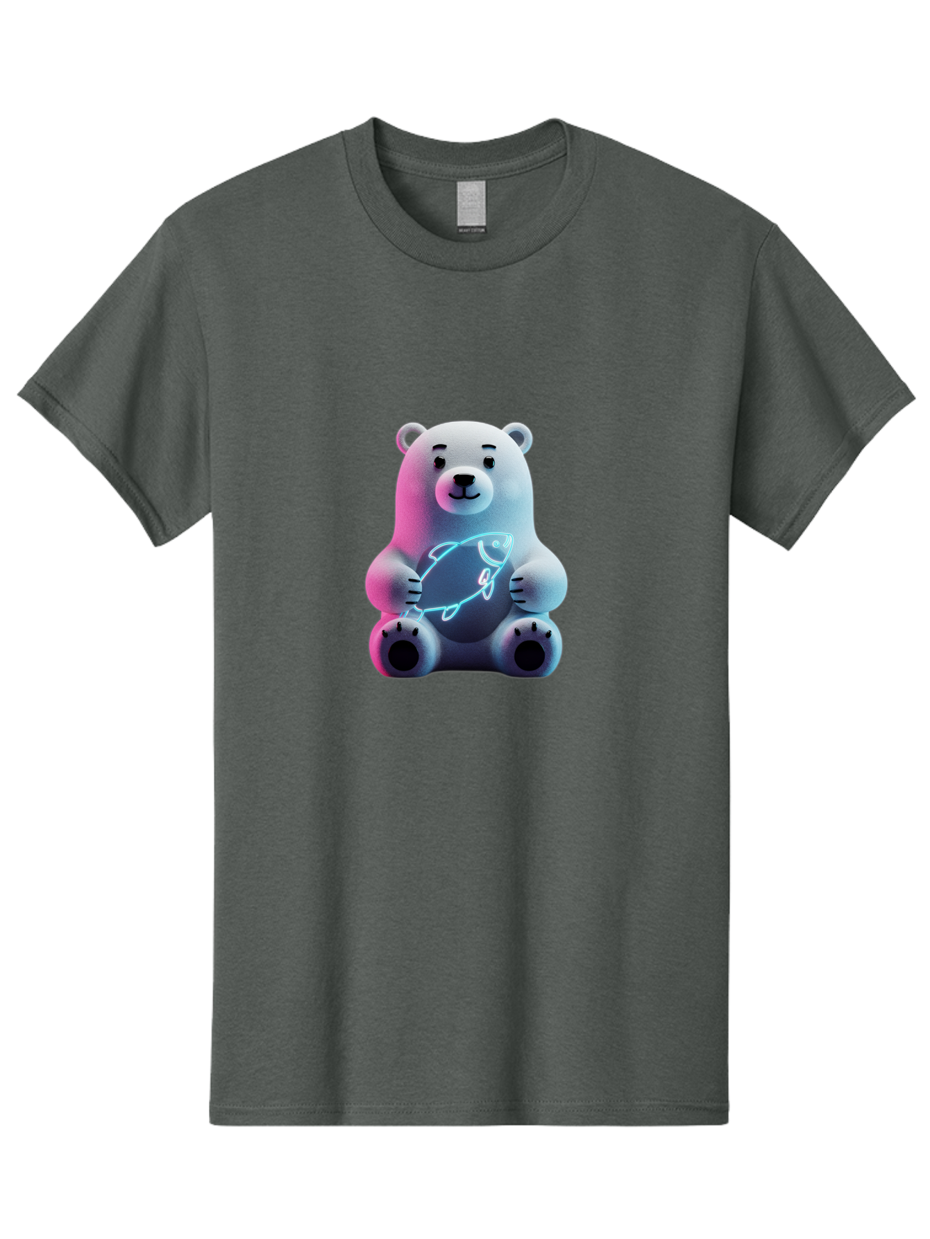 Polar-Bear-With-Fish-4 Men'S Graphic Tee, 100% Cotton, Comfortable Casual Summer Wear, Machine Washable, Polar Bear Holding Fish, Neon Light, Cartoon Character, Cute Animal, 3D Illustration, Glowing Effect, Cartoon Style, Digital Art Bae673