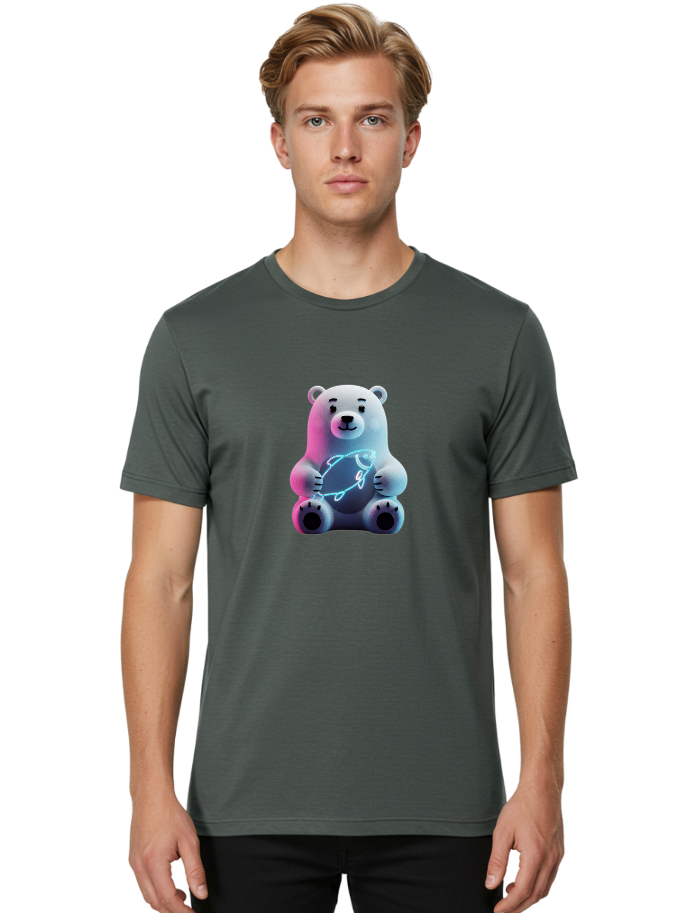 Polar-Bear-With-Fish-4 Men'S Graphic Tee, 100% Cotton, Comfortable Casual Summer Wear, Machine Washable, Polar Bear Holding Fish, Neon Light, Cartoon Character, Cute Animal, 3D Illustration, Glowing Effect, Cartoon Style, Digital Art Bae673