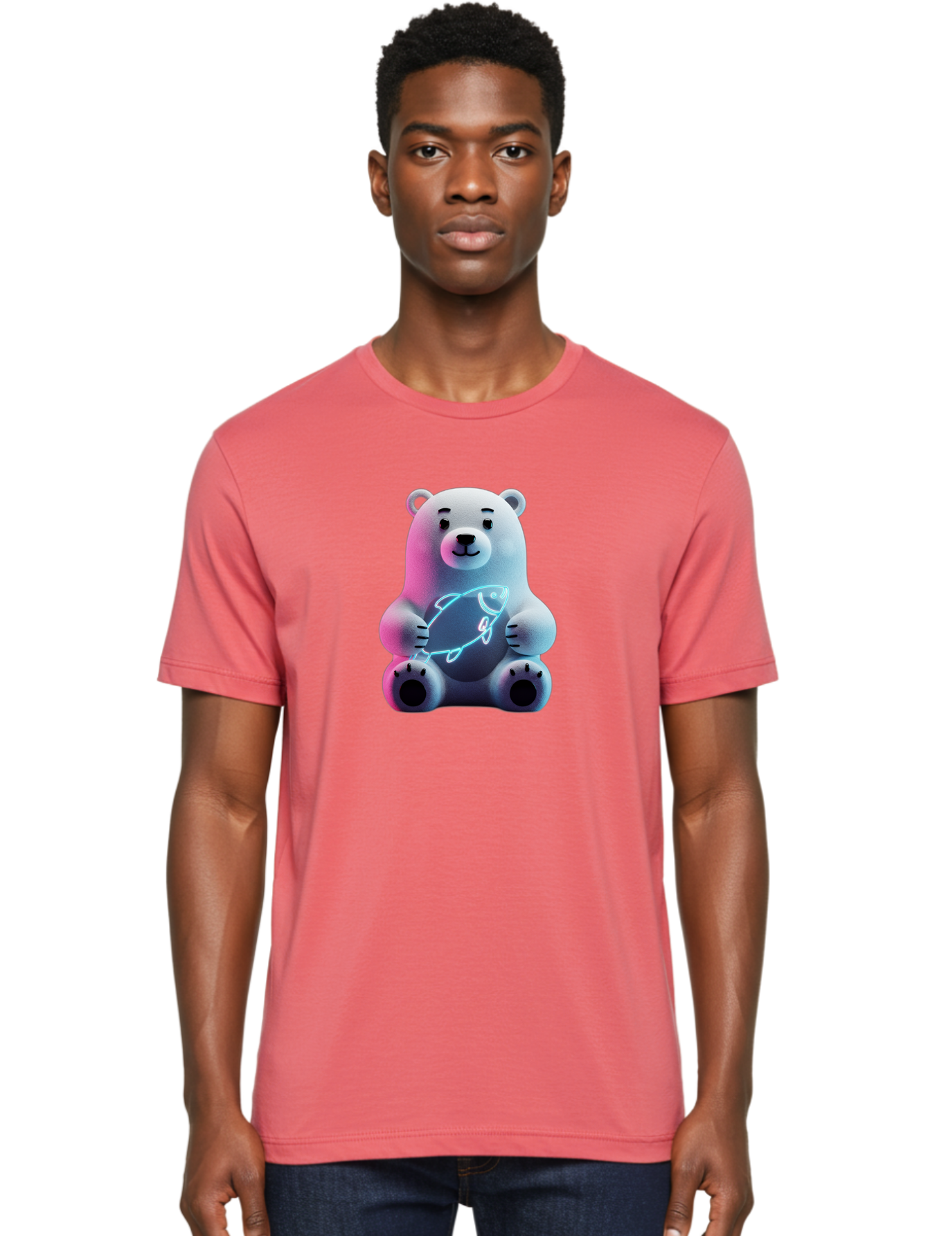 Polar-Bear-With-Fish-4 Men'S Graphic Tee, 100% Cotton, Comfortable Casual Summer Wear, Machine Washable, Polar Bear Holding Fish, Neon Light, Cartoon Character, Cute Animal, 3D Illustration, Glowing Effect, Cartoon Style, Digital Art Bae673