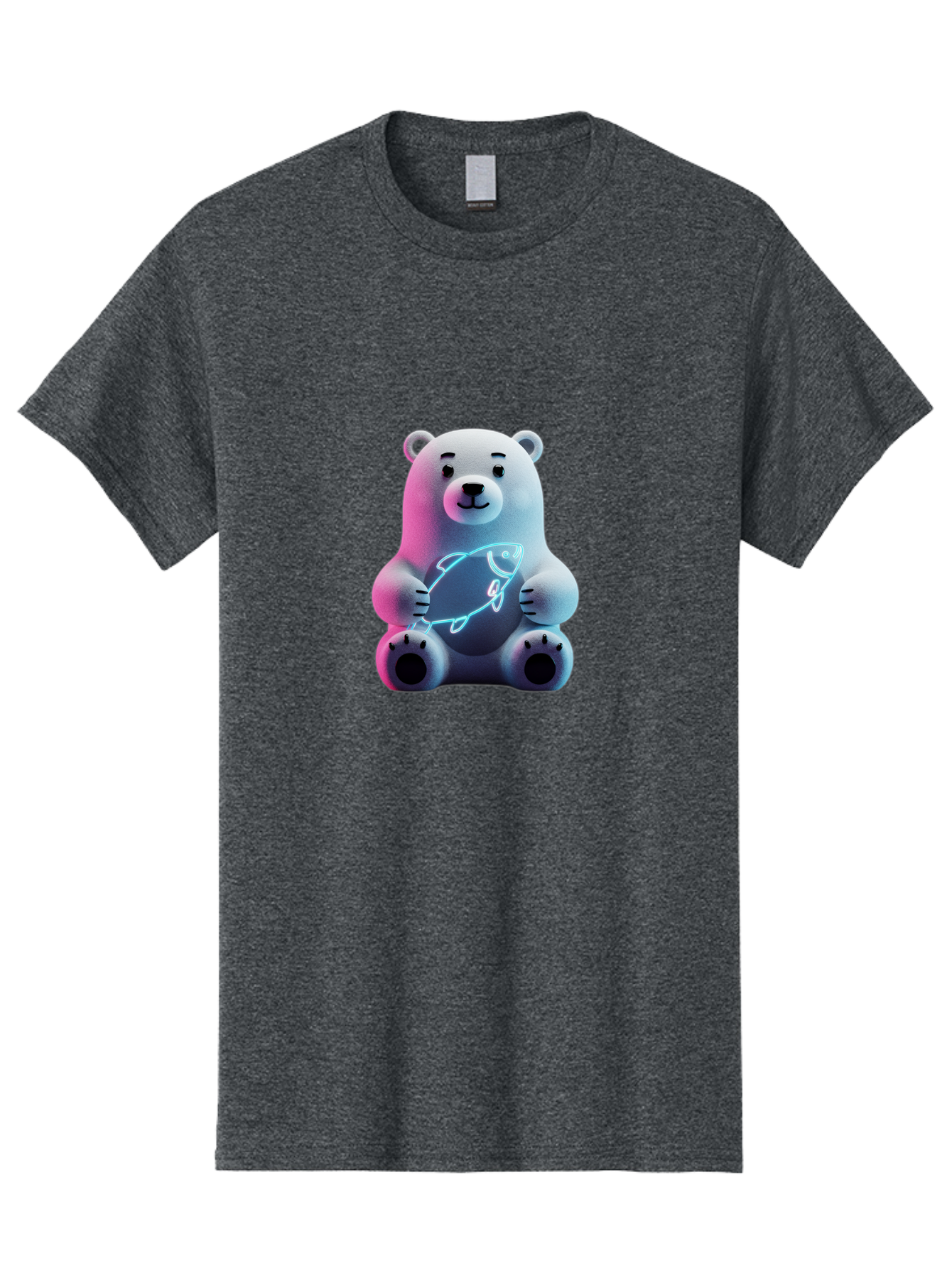 Polar-Bear-With-Fish-4 Men'S Graphic Tee, 100% Cotton, Comfortable Casual Summer Wear, Machine Washable, Polar Bear Holding Fish, Neon Light, Cartoon Character, Cute Animal, 3D Illustration, Glowing Effect, Cartoon Style, Digital Art Bae673