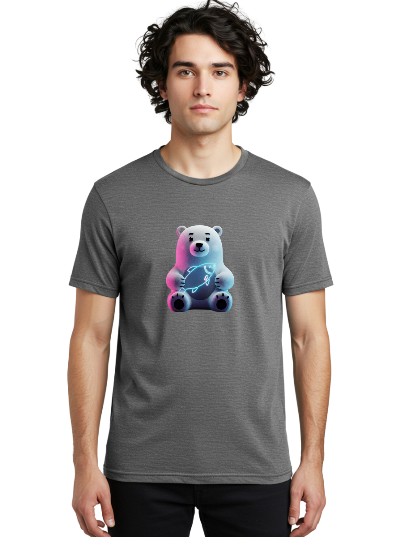 Polar-Bear-With-Fish-4 Men'S Graphic Tee, 100% Cotton, Comfortable Casual Summer Wear, Machine Washable, Polar Bear Holding Fish, Neon Light, Cartoon Character, Cute Animal, 3D Illustration, Glowing Effect, Cartoon Style, Digital Art Bae673