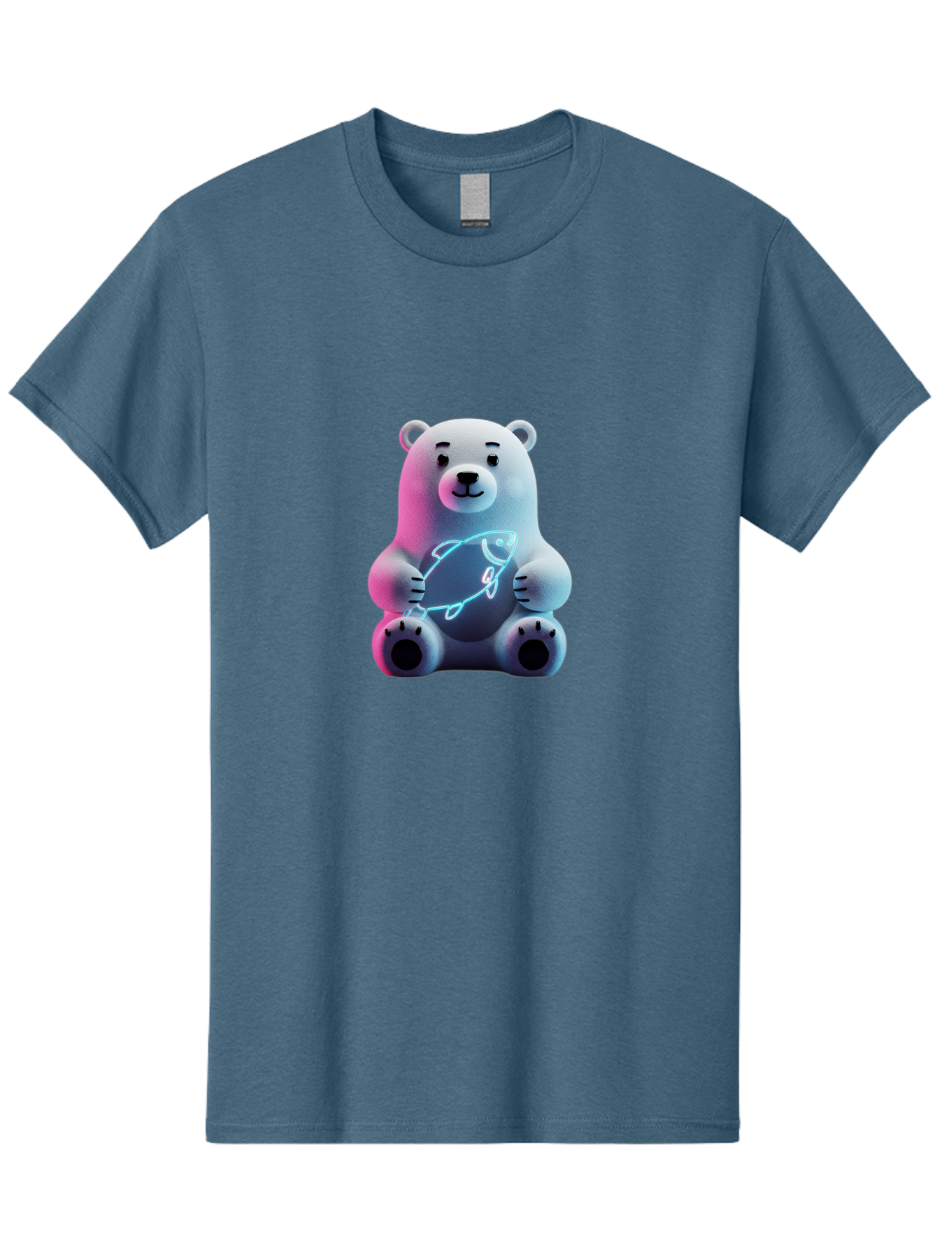 Polar-Bear-With-Fish-4 Men'S Graphic Tee, 100% Cotton, Comfortable Casual Summer Wear, Machine Washable, Polar Bear Holding Fish, Neon Light, Cartoon Character, Cute Animal, 3D Illustration, Glowing Effect, Cartoon Style, Digital Art Bae673