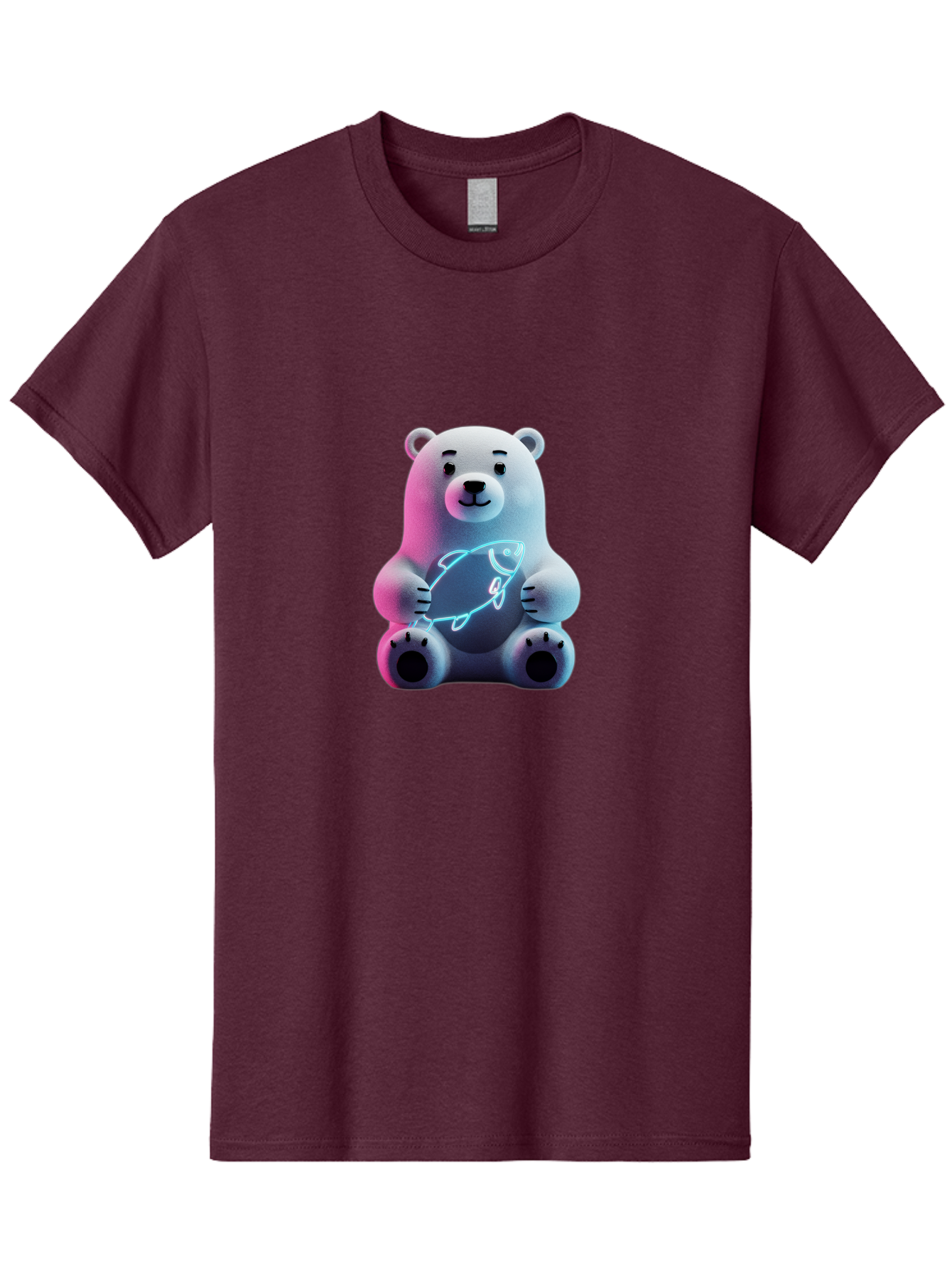 Polar-Bear-With-Fish-4 Men'S Graphic Tee, 100% Cotton, Comfortable Casual Summer Wear, Machine Washable, Polar Bear Holding Fish, Neon Light, Cartoon Character, Cute Animal, 3D Illustration, Glowing Effect, Cartoon Style, Digital Art Bae673