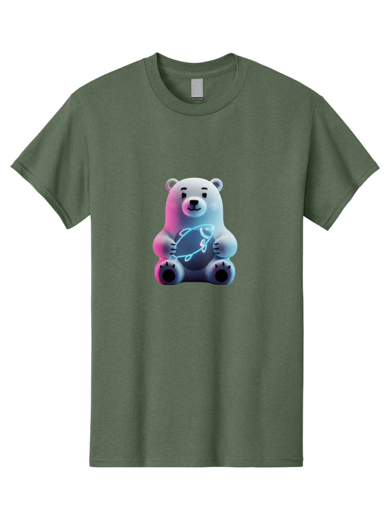 Polar-Bear-With-Fish-4 Men'S Graphic Tee, 100% Cotton, Comfortable Casual Summer Wear, Machine Washable, Polar Bear Holding Fish, Neon Light, Cartoon Character, Cute Animal, 3D Illustration, Glowing Effect, Cartoon Style, Digital Art Bae673