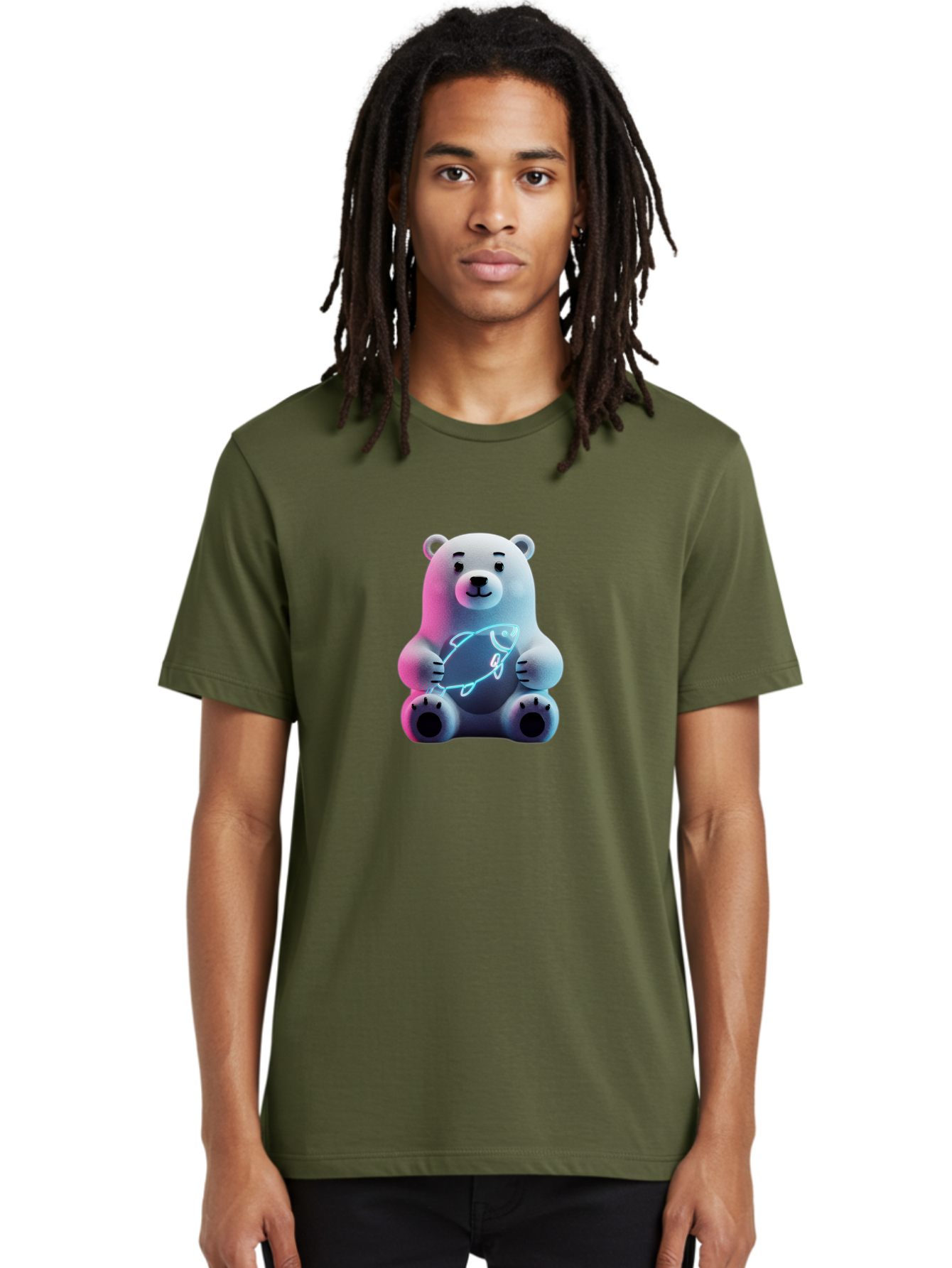 Polar-Bear-With-Fish-4 Men'S Graphic Tee, 100% Cotton, Comfortable Casual Summer Wear, Machine Washable, Polar Bear Holding Fish, Neon Light, Cartoon Character, Cute Animal, 3D Illustration, Glowing Effect, Cartoon Style, Digital Art Bae673