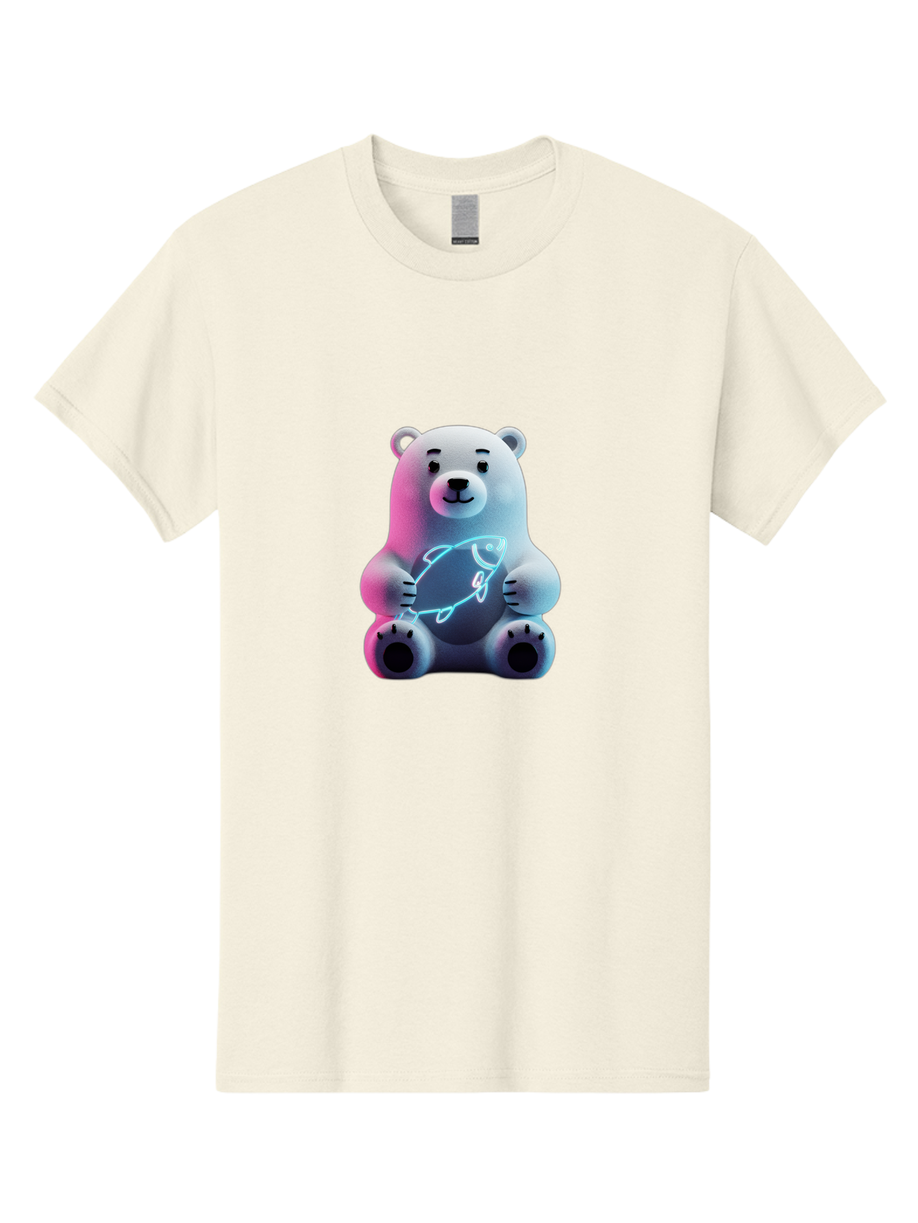 Polar-Bear-With-Fish-4 Men'S Graphic Tee, 100% Cotton, Comfortable Casual Summer Wear, Machine Washable, Polar Bear Holding Fish, Neon Light, Cartoon Character, Cute Animal, 3D Illustration, Glowing Effect, Cartoon Style, Digital Art Bae673