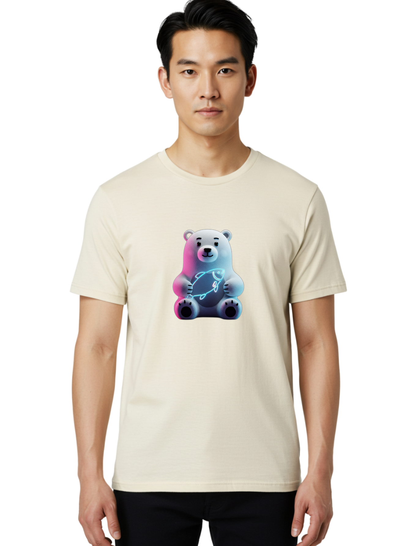 Polar-Bear-With-Fish-4 Men'S Graphic Tee, 100% Cotton, Comfortable Casual Summer Wear, Machine Washable, Polar Bear Holding Fish, Neon Light, Cartoon Character, Cute Animal, 3D Illustration, Glowing Effect, Cartoon Style, Digital Art Bae673