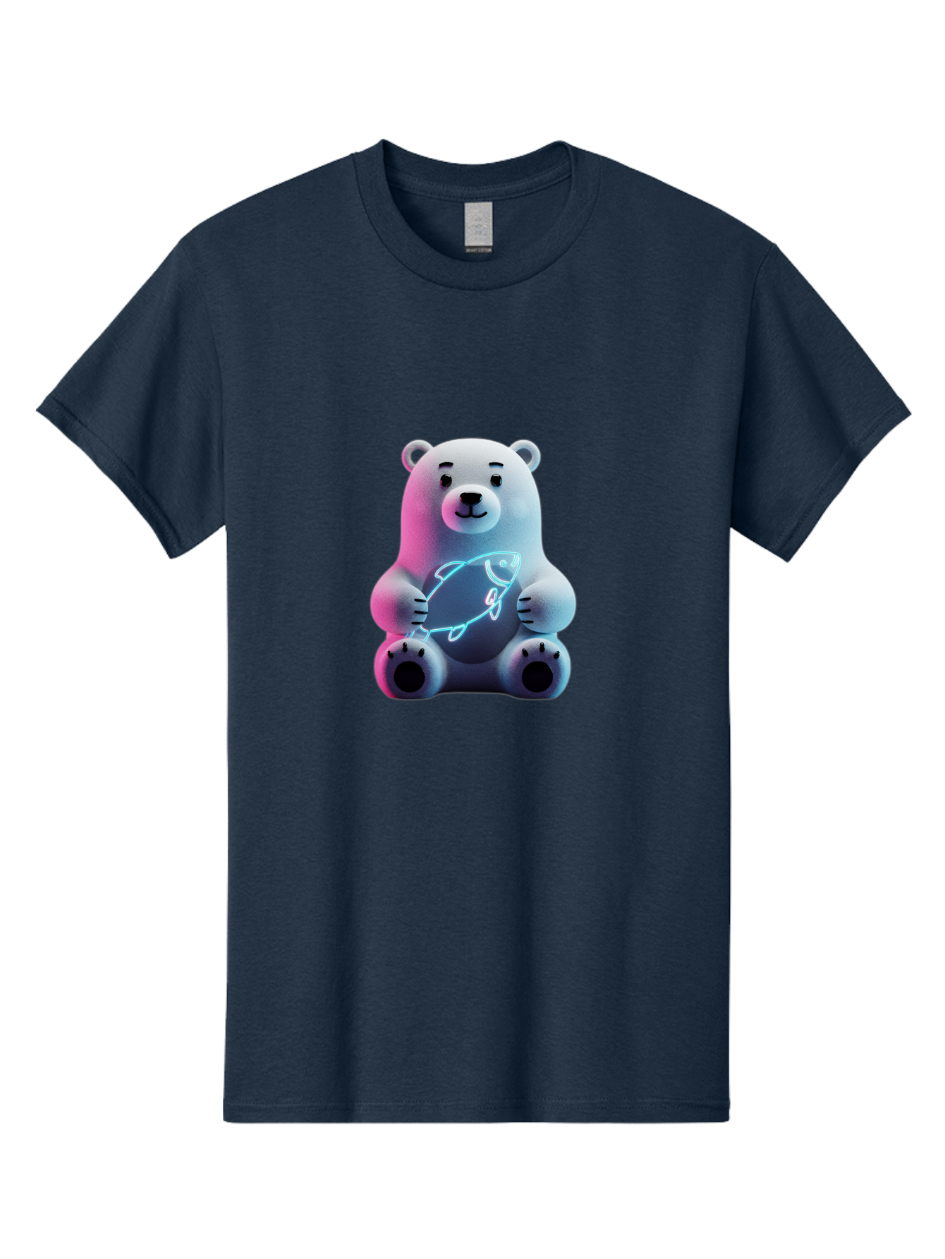 Polar-Bear-With-Fish-4 Men'S Graphic Tee, 100% Cotton, Comfortable Casual Summer Wear, Machine Washable, Polar Bear Holding Fish, Neon Light, Cartoon Character, Cute Animal, 3D Illustration, Glowing Effect, Cartoon Style, Digital Art Bae673